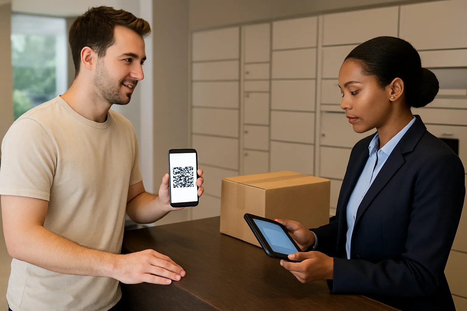 Resident package pickup verification using QR code at apartment front desk.