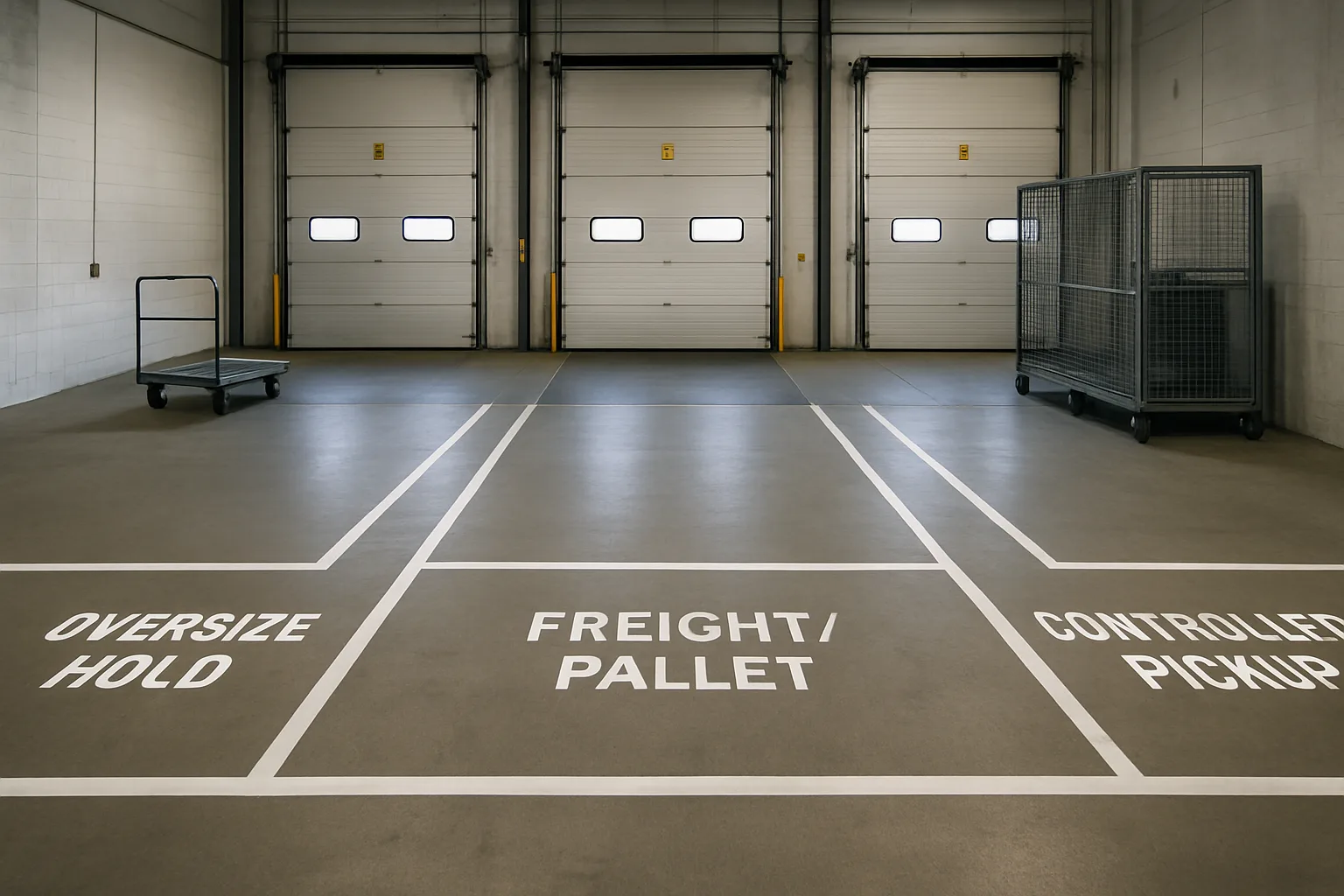 Loading dock staging zones for oversize, freight, and controlled deliveries.