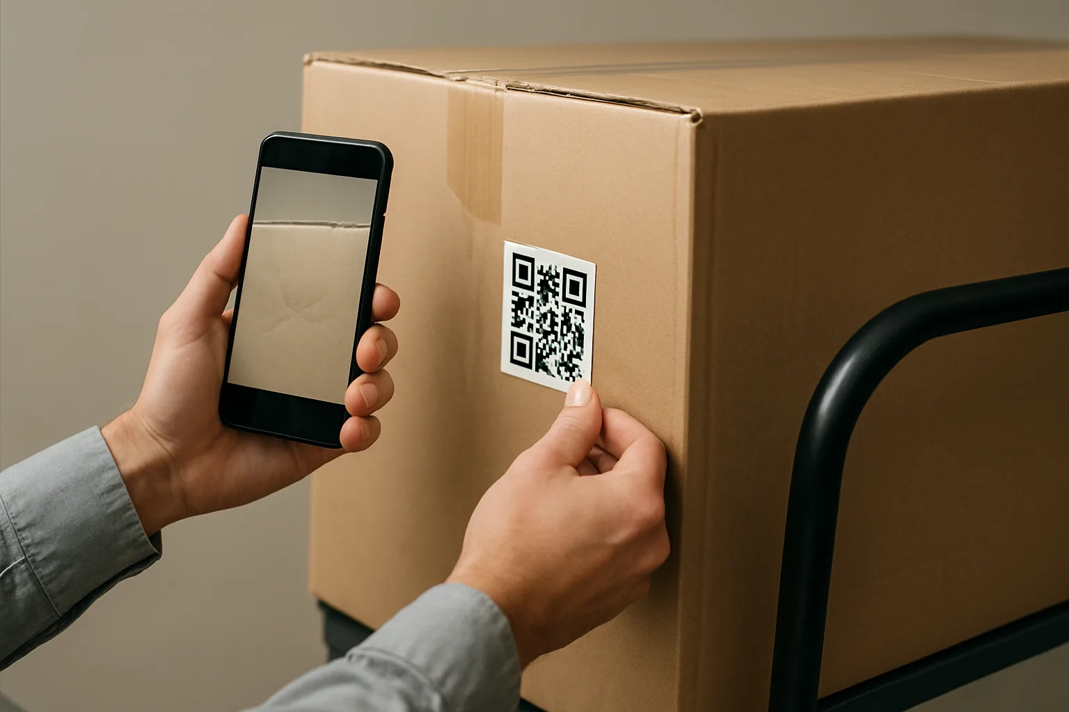 Concierge logging an oversize delivery with QR label and condition photos.