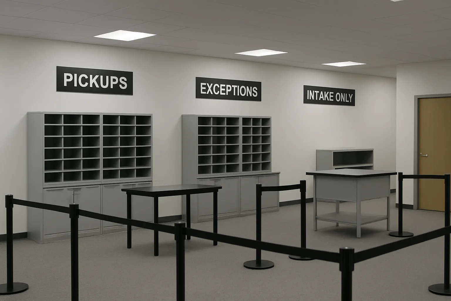 Diagram-style photo of a mailroom with separate lines for standard pickup and exception resolution