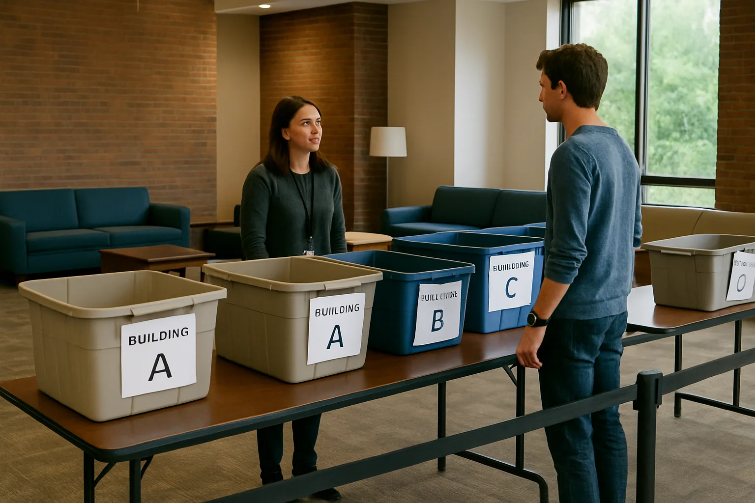 Temporary package pickup location with labeled zones, totes, and a staffed ID-check table