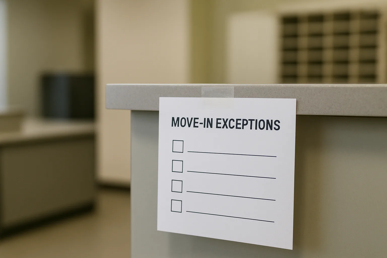 Printed exception resolution cheat sheet for temporary mailroom staff during move-in week