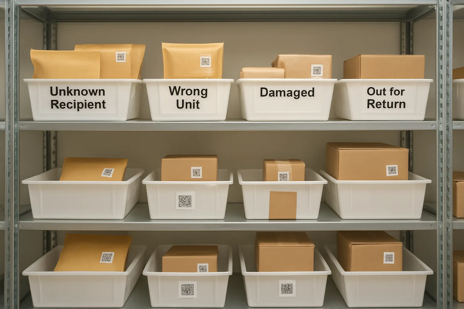 Mailroom holding shelf with labeled bins for unknown recipient, wrong unit, damaged, return.