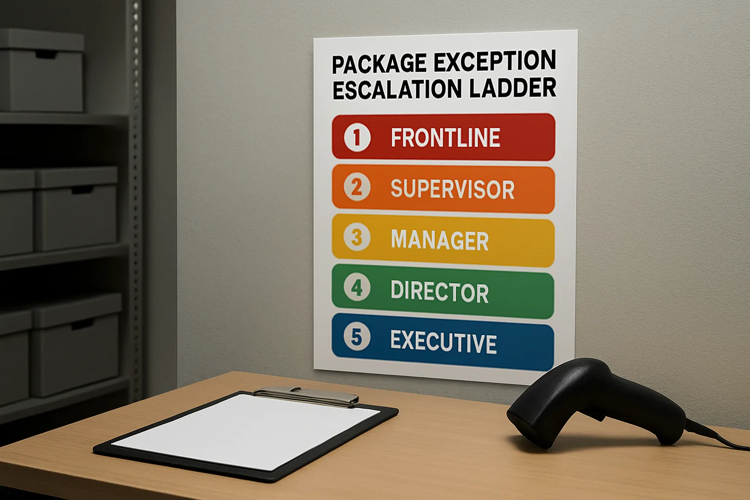 Escalation ladder for package exceptions: unknown recipient, delivered not found, wrong unit, damaged, suspected theft.