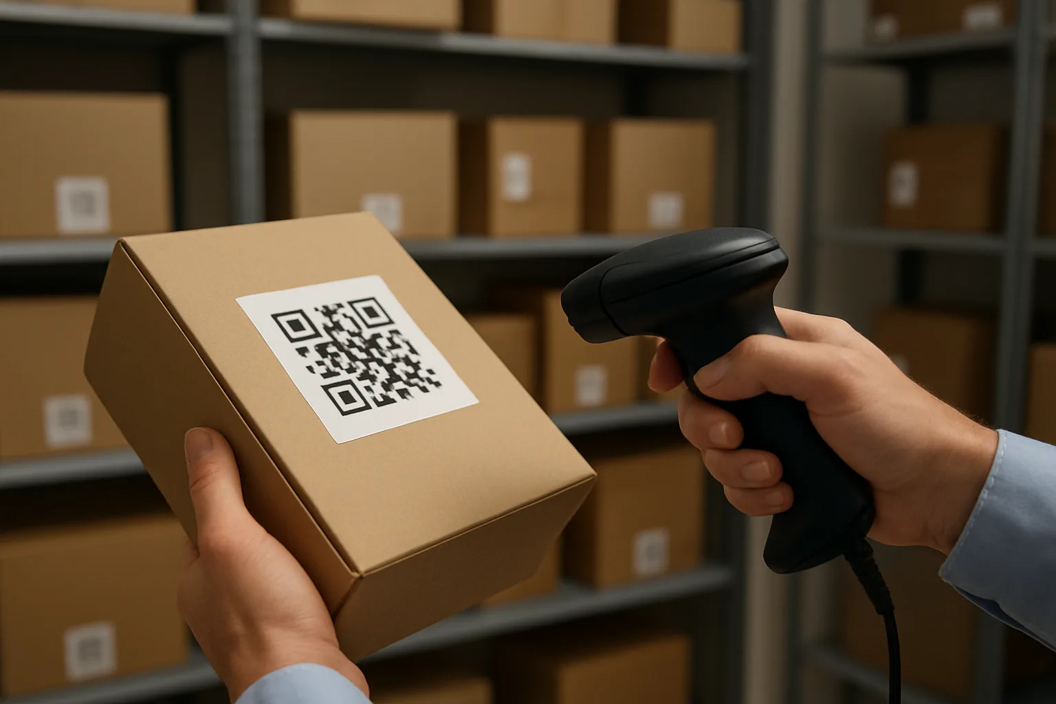 Staff member scanning a QR label on a package at a secure apartment mailroom shelf.