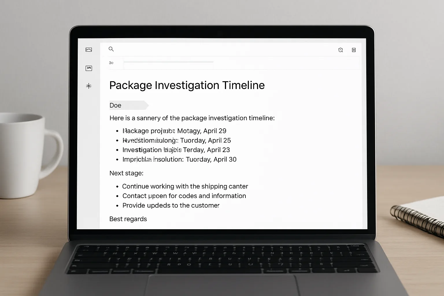 Screenshot-style view of a resident update email summarizing a package dispute timeline and next steps.