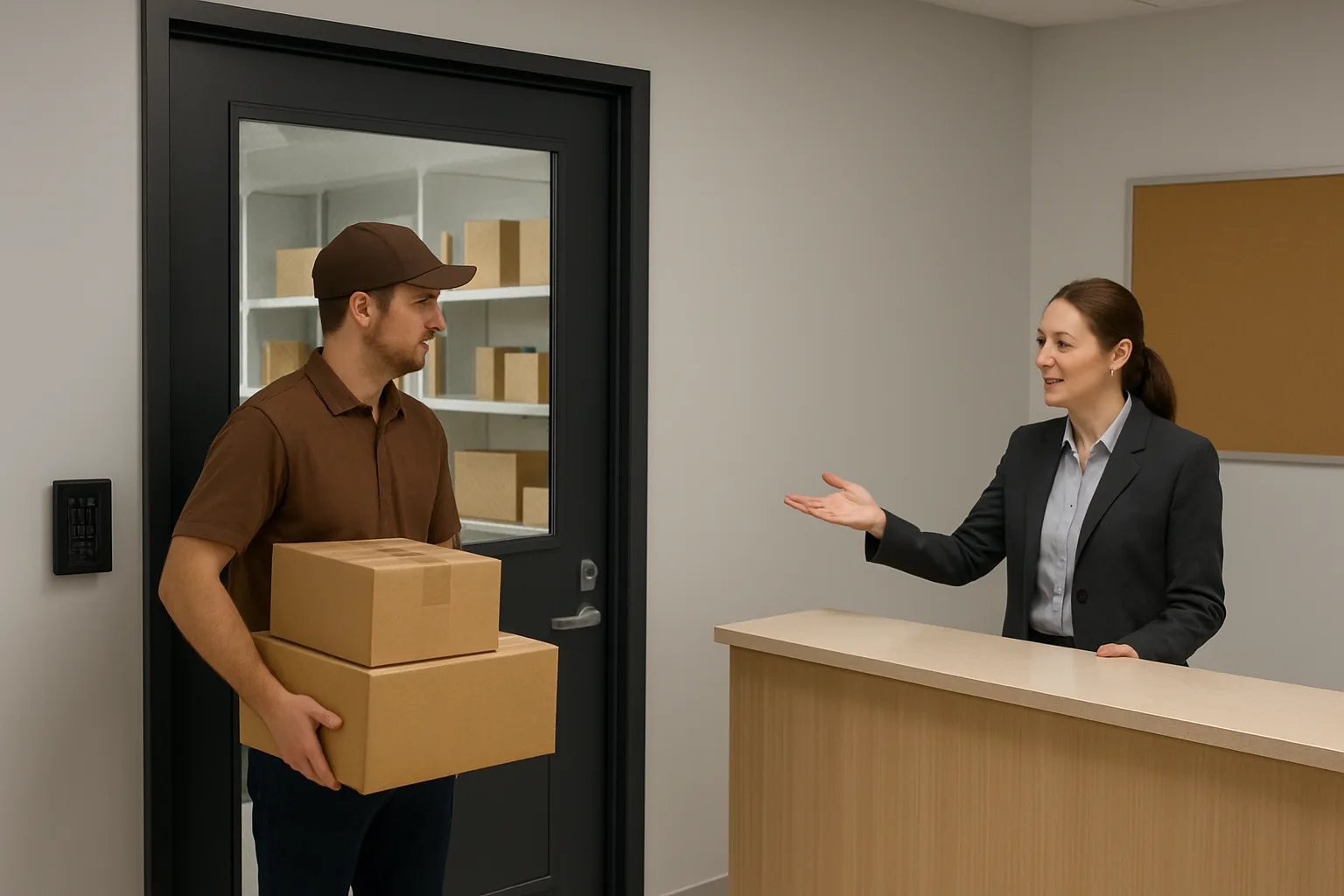 Apartment package room entrance with staff directing a delivery driver to the designated handoff area.