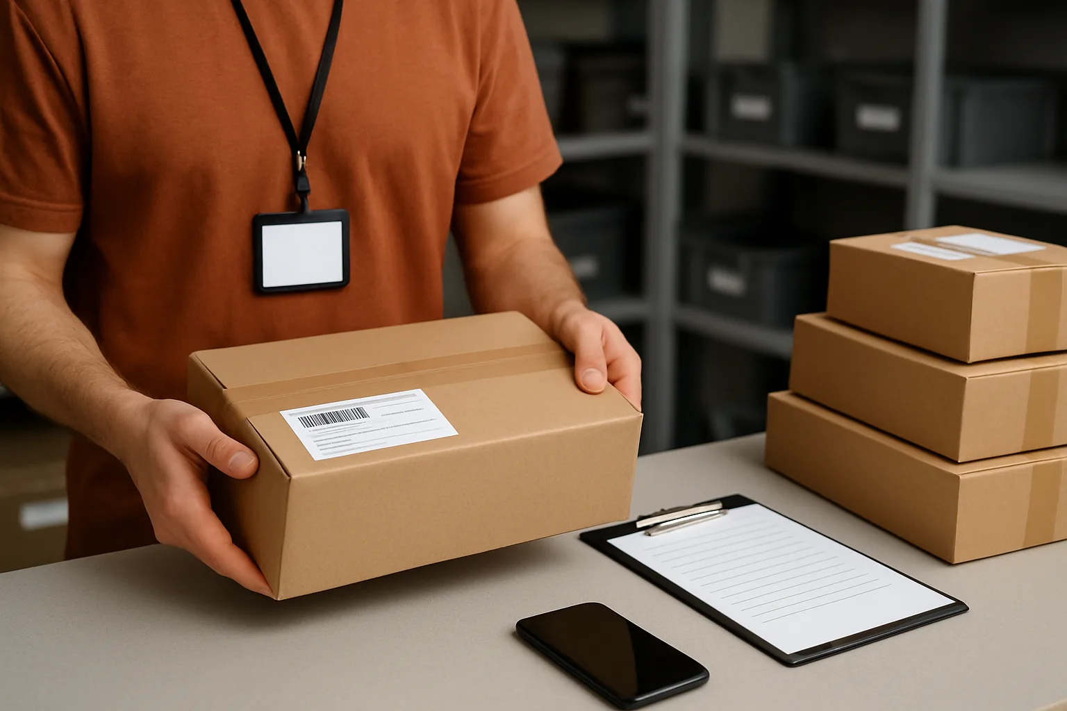 Staff member checking a package at a counter in a package room with organized shelving behind.