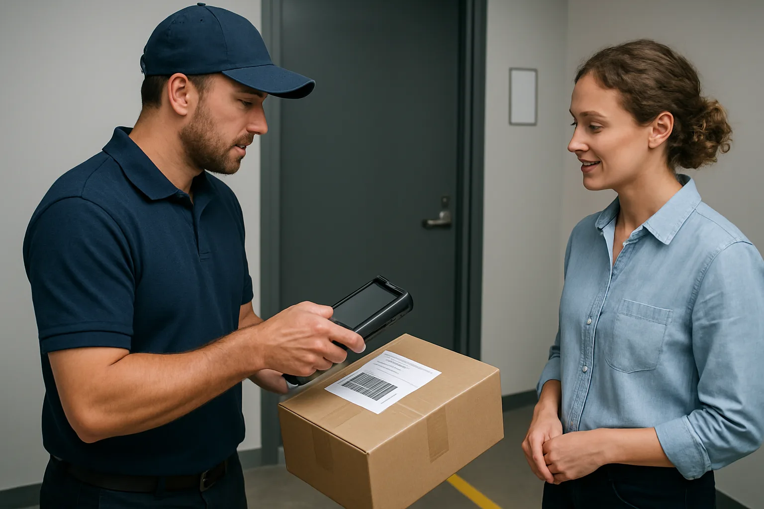 Delivery driver scanning a package label at a secure package room threshold while staff observes.