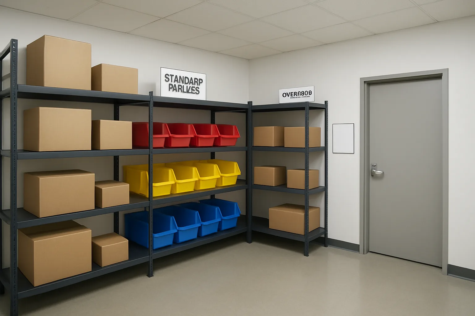 Organized apartment package room with distinct shelving zones, bins, and a sign holder near the door.