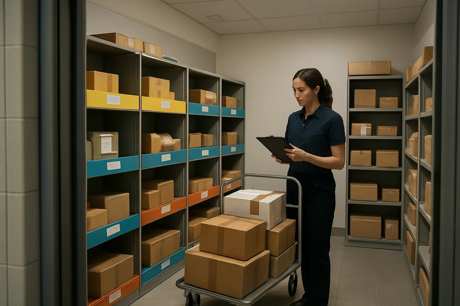 Organized apartment package room with staff member reviewing deliveries on a clipboard
