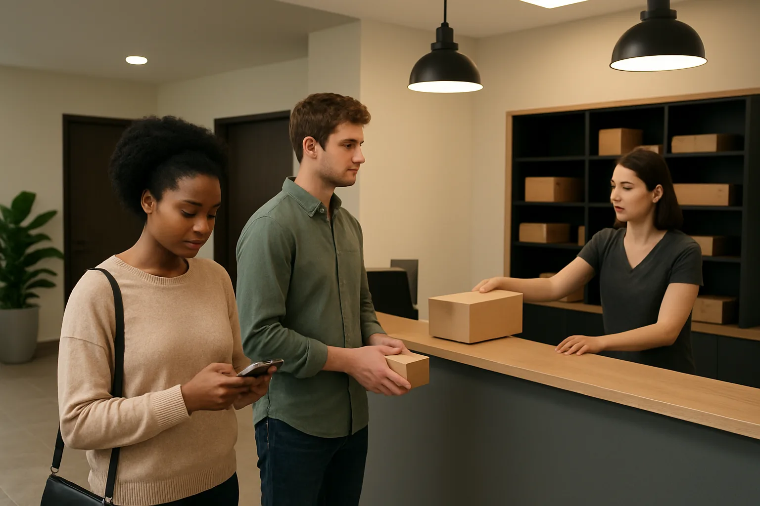 Apartment front desk package pickup with residents waiting and staff assisting