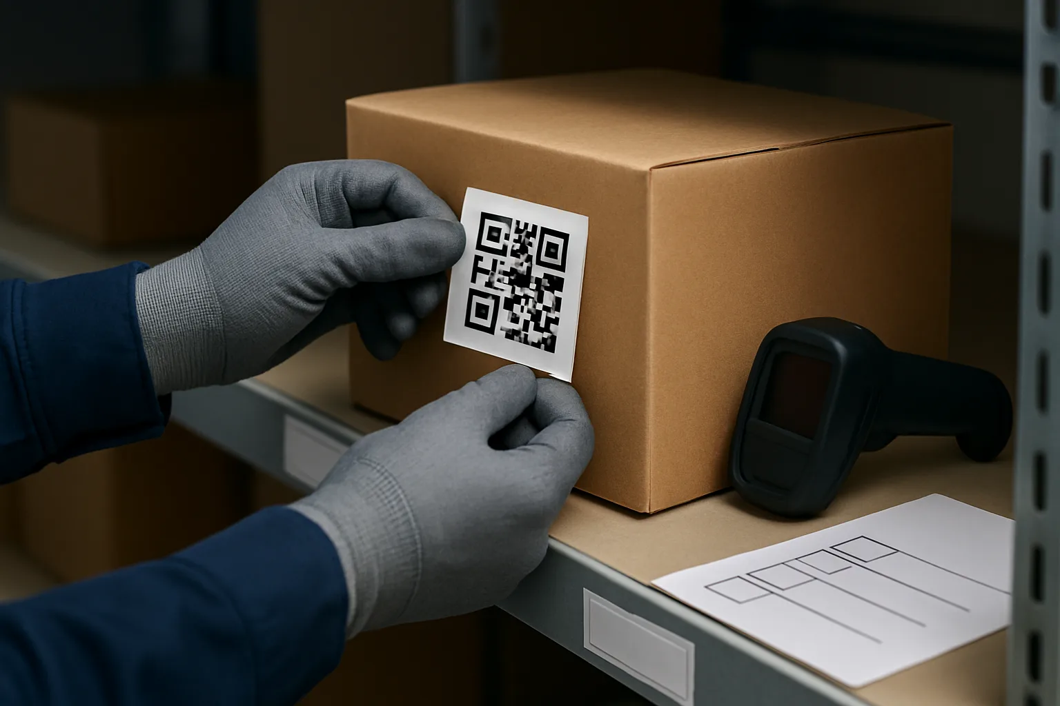 Hands labeling a package with a QR-style label near a scanner and checklist