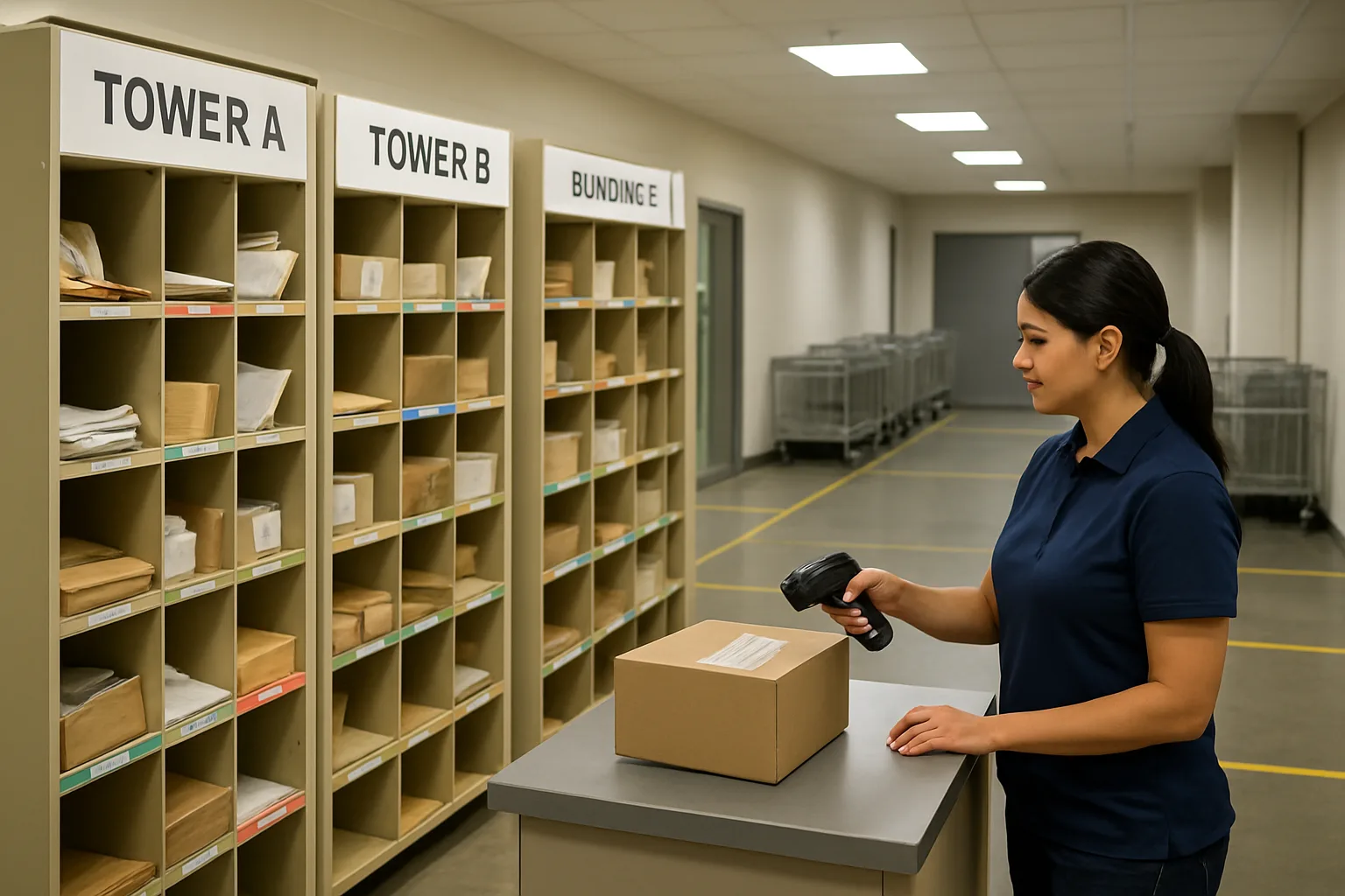 Centralized shared mailroom with shelves and staging lanes separated by building sections and a staff member scanning packages.