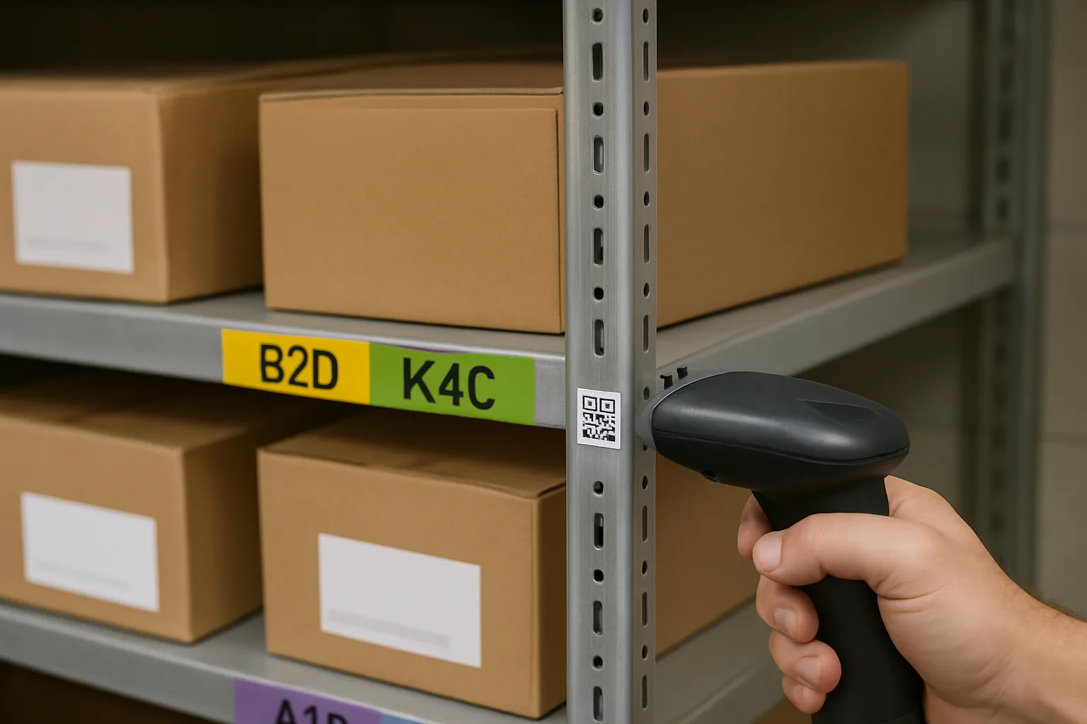 Close-up of shelf location labels with QR codes and a scanner, using color-coded building sections.