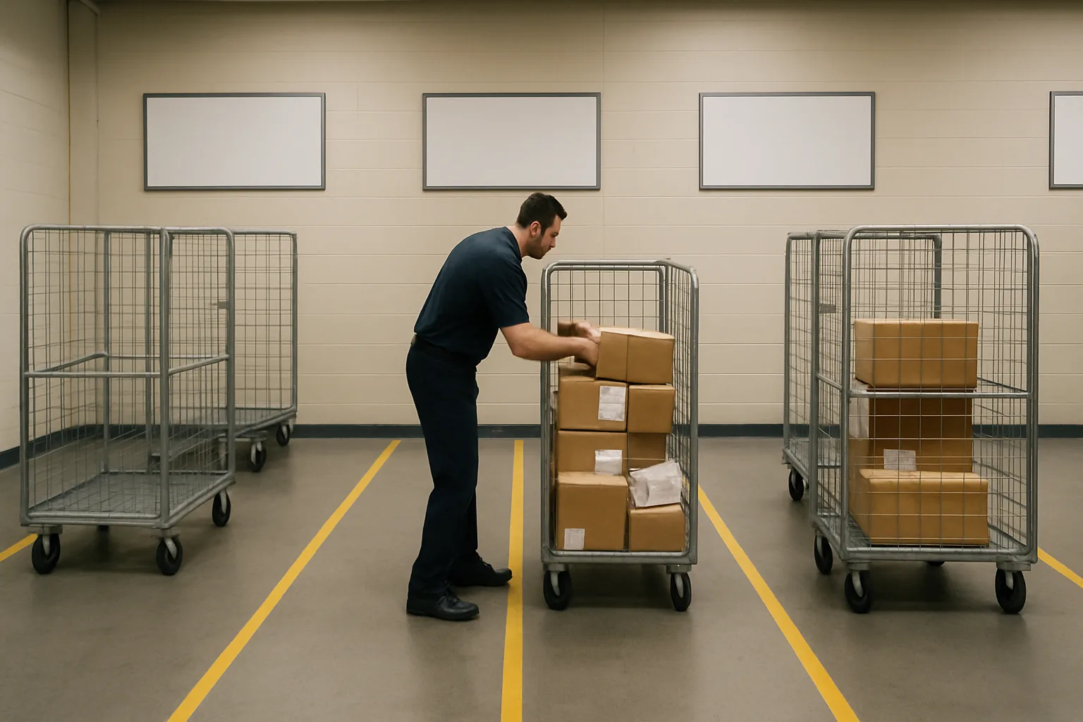 Mailroom dispatch area with separate staging lanes and carts for different buildings and delivery waves.