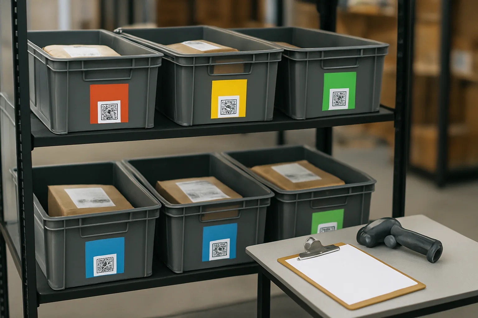 Exception station with separated bins, QR labels, scanner, and parcels quarantined for missing identifiers.