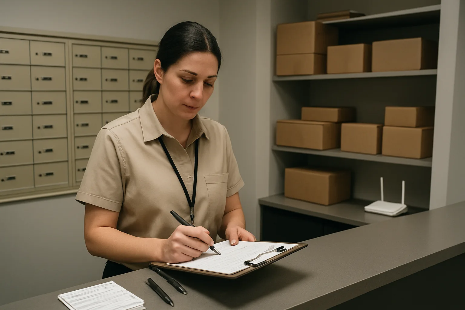 Front desk staff logging package intake on paper during an internet outage in a mailroom.
