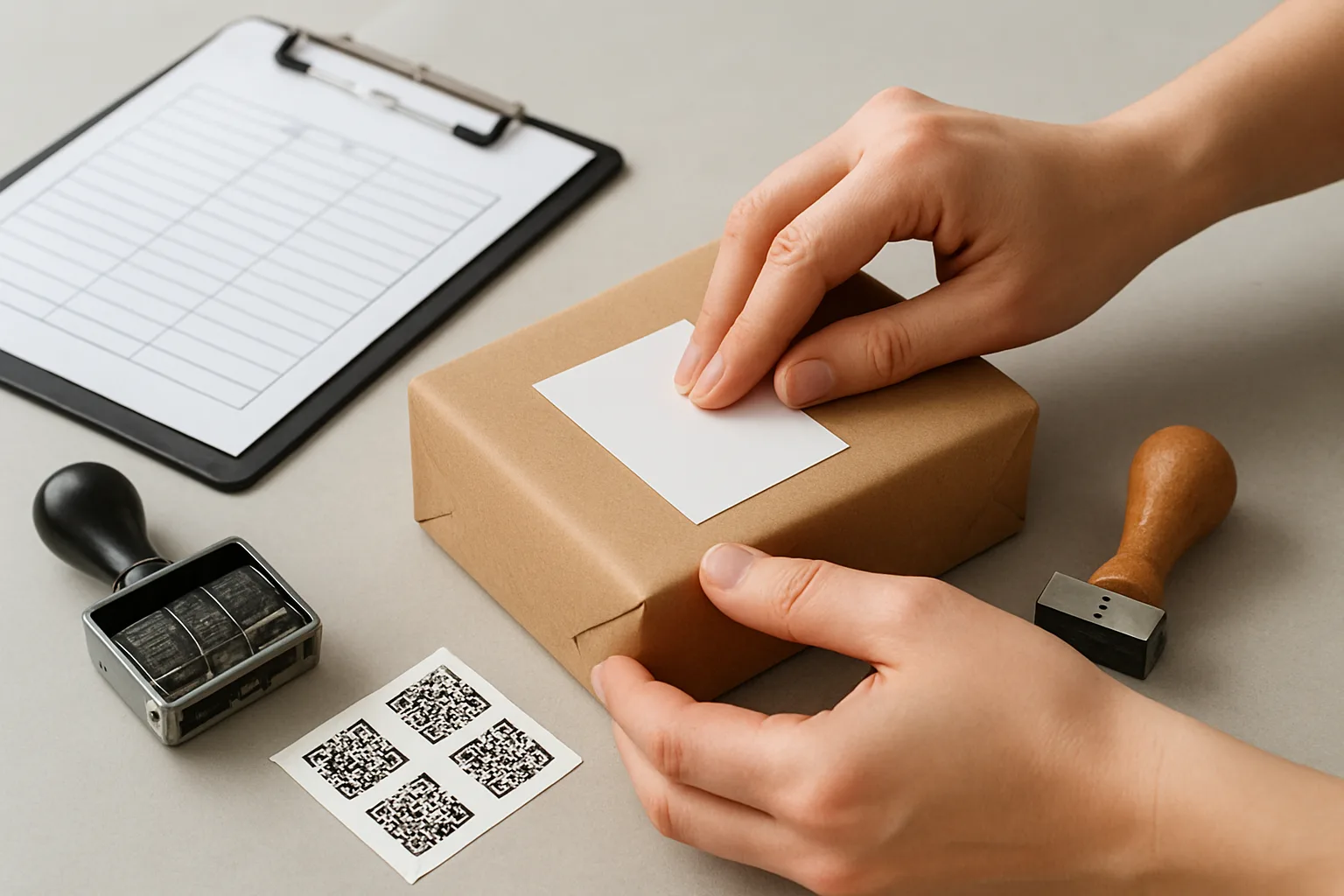 Hands labeling a package with an offline ID next to a paper intake log and QR stickers.