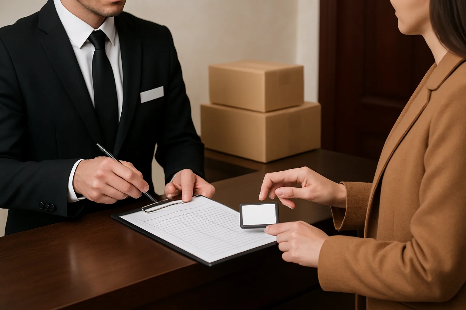 Concierge verifying ID and capturing signature on a paper pickup log during package handoff.