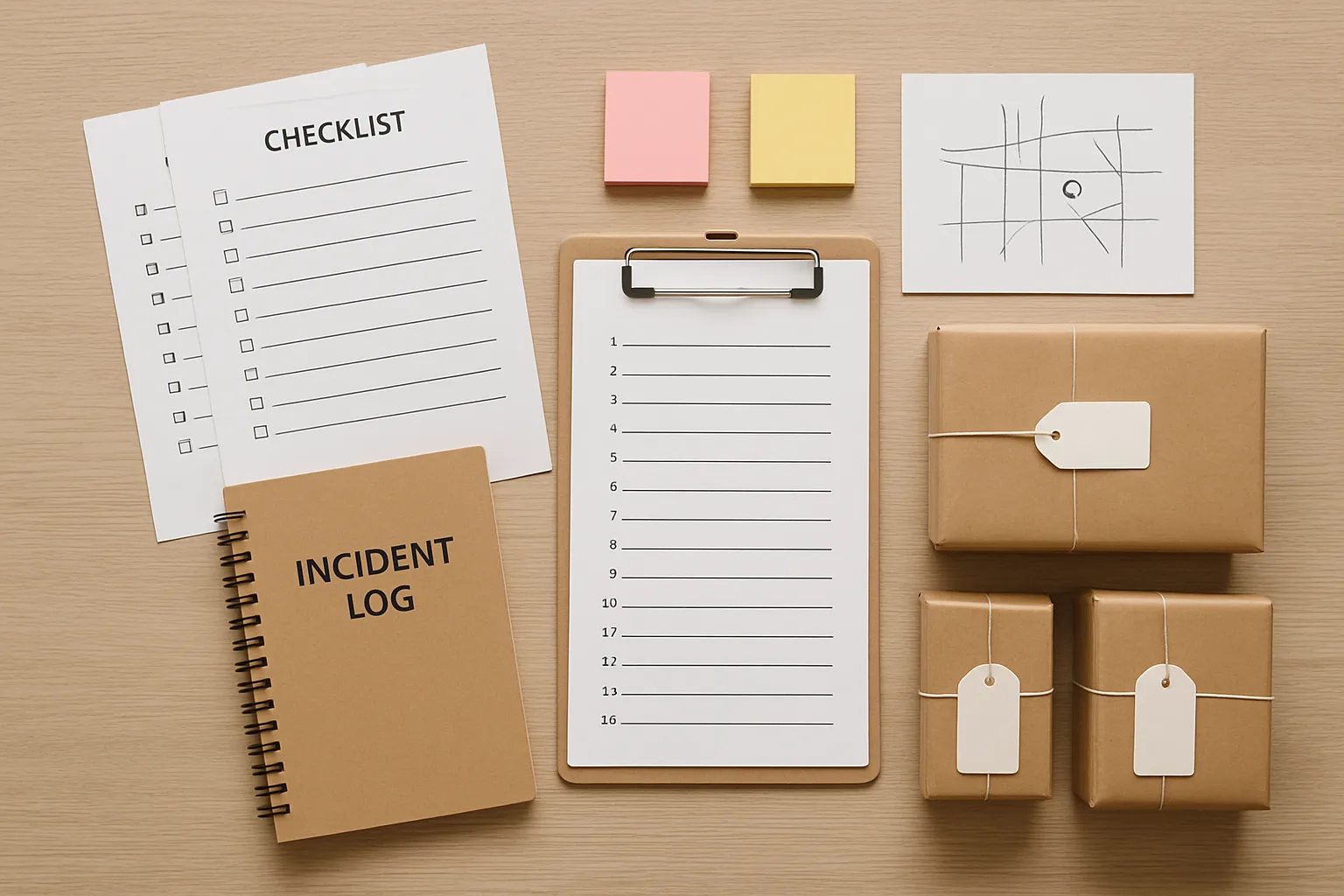 Overhead view of paper reconciliation checklist and incident log used to audit packages after system restore.