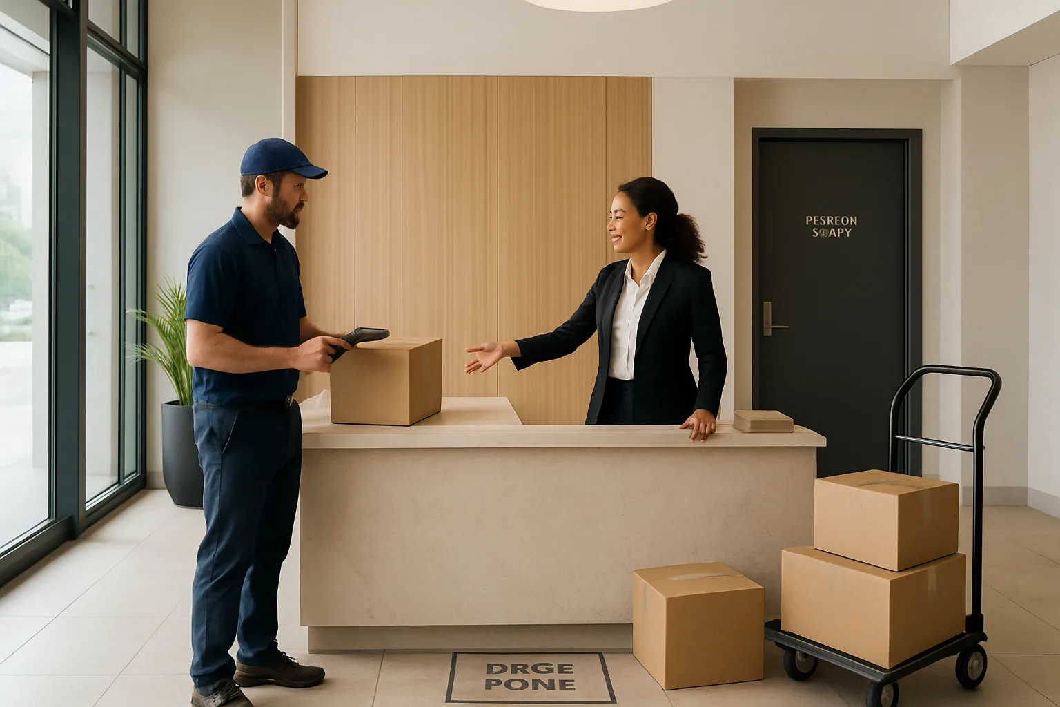 Concierge checking in a delivery driver at an apartment lobby desk near a package room door.