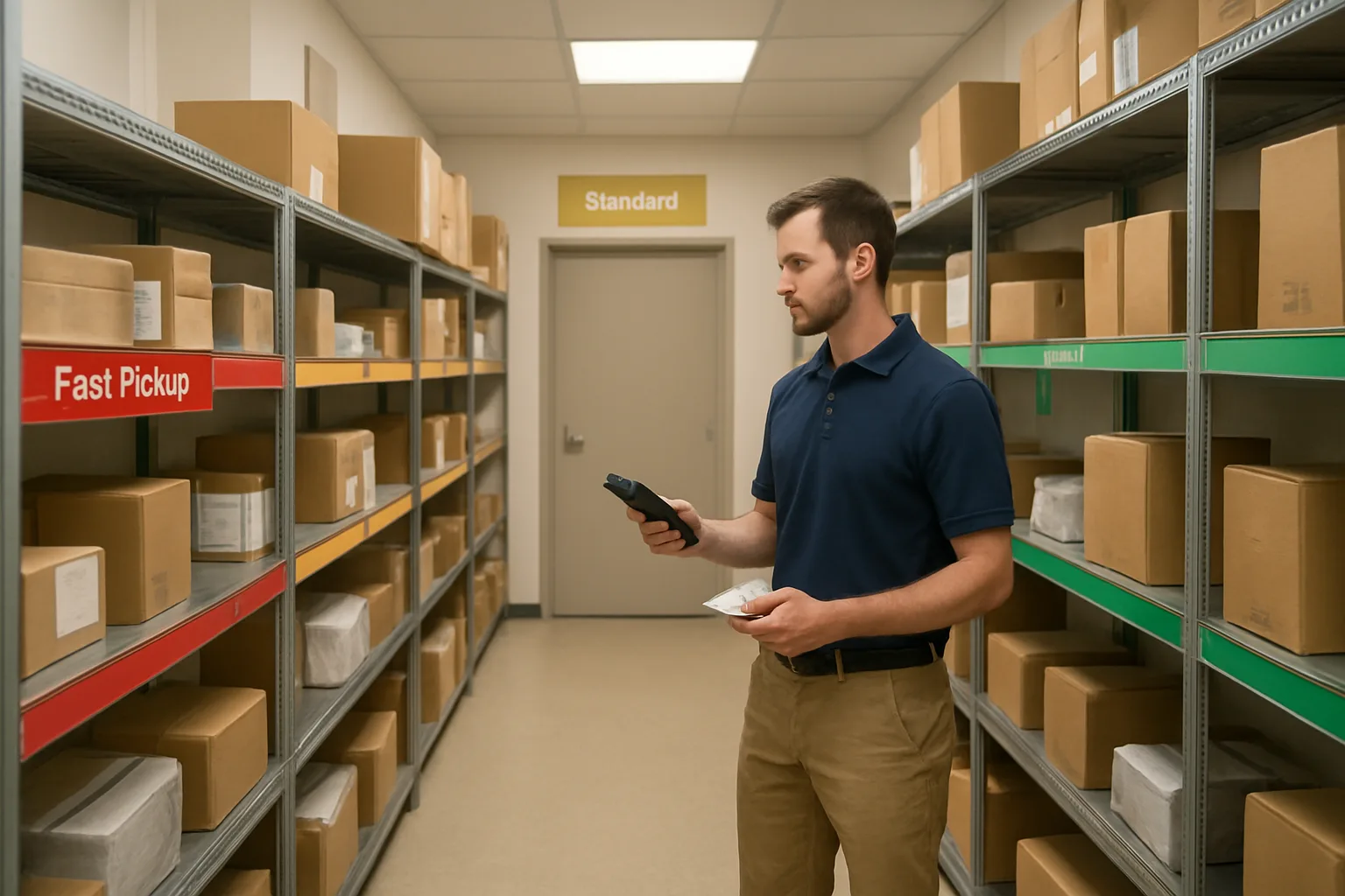 Apartment package room organized into three color-coded zones near-to-far from the door for faster retrieval.