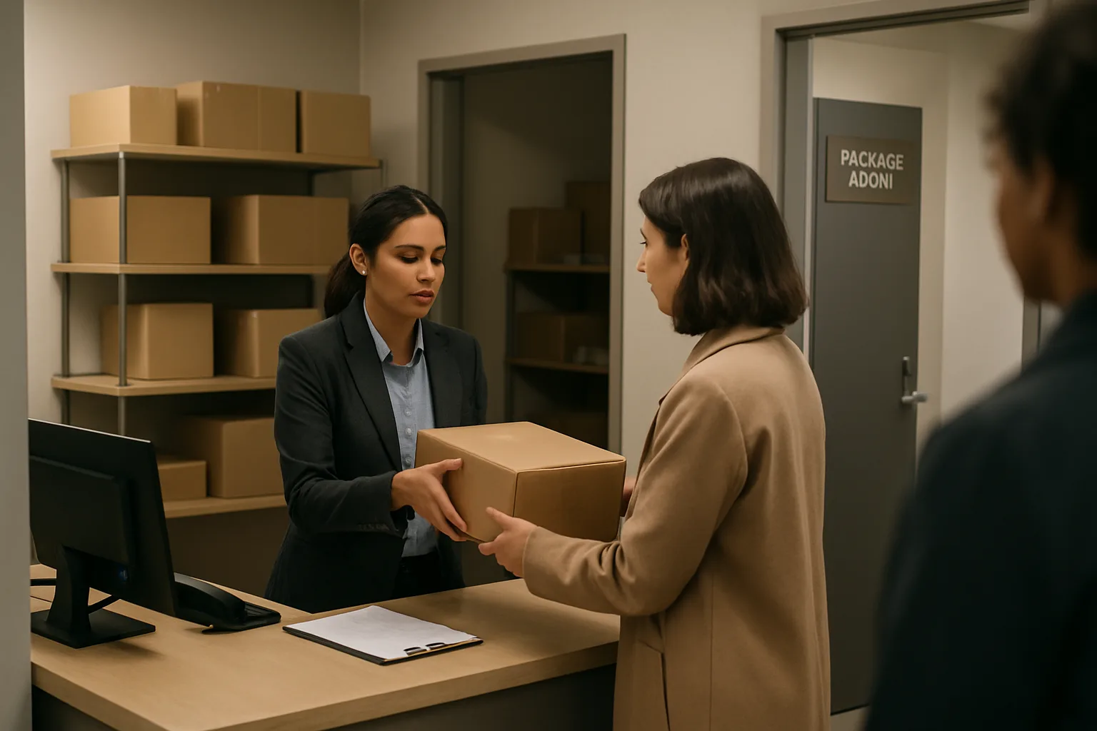 Front desk staff handing a package to a resident in an apartment lobby with organized package shelves.