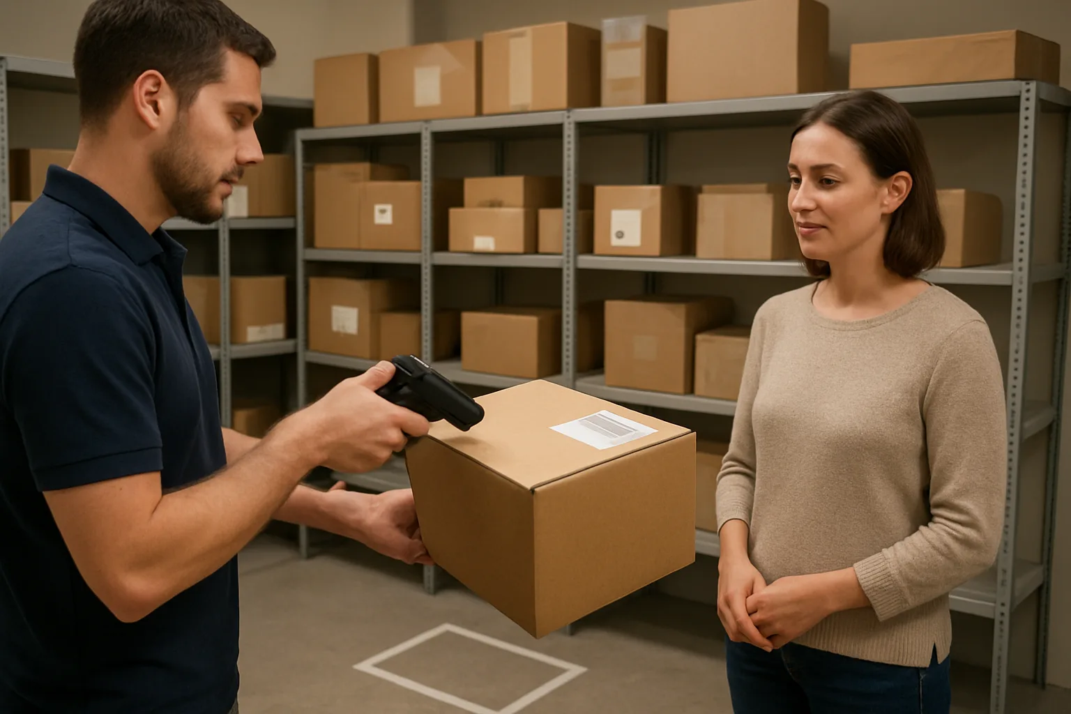 Staff scanning a parcel barcode in a package room while a resident waits at a handoff point.