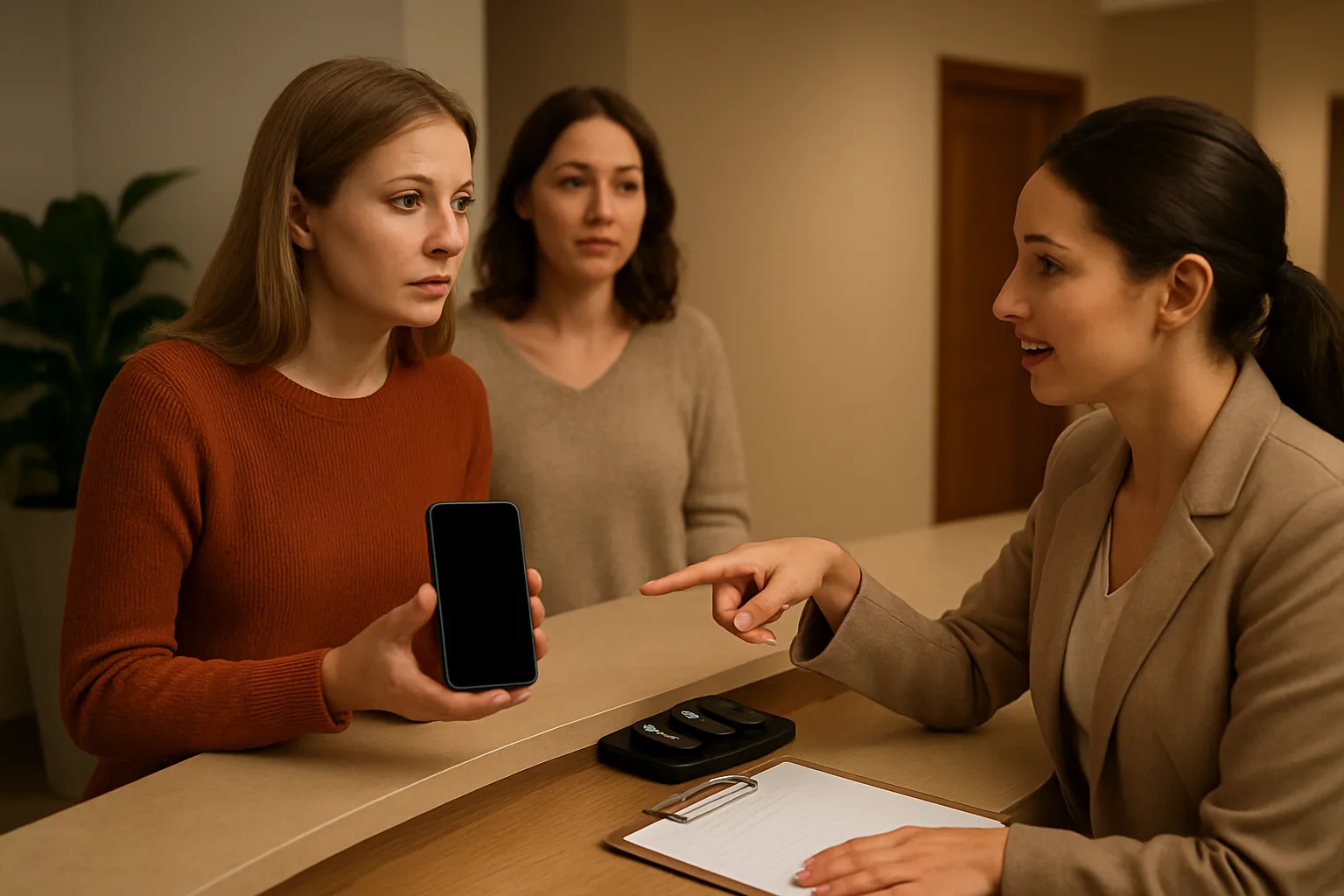 Resident with a dead phone speaking to front desk staff while another resident waits nearby, suggesting a roommate pickup.