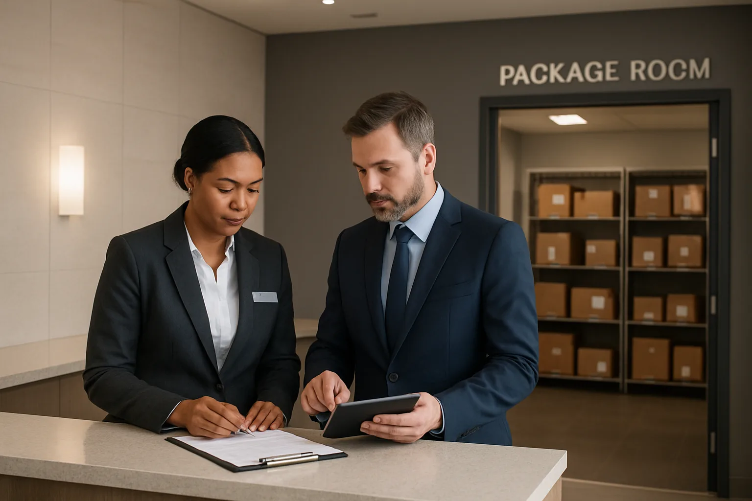 Concierge and property manager reviewing an exception log near a building package room.