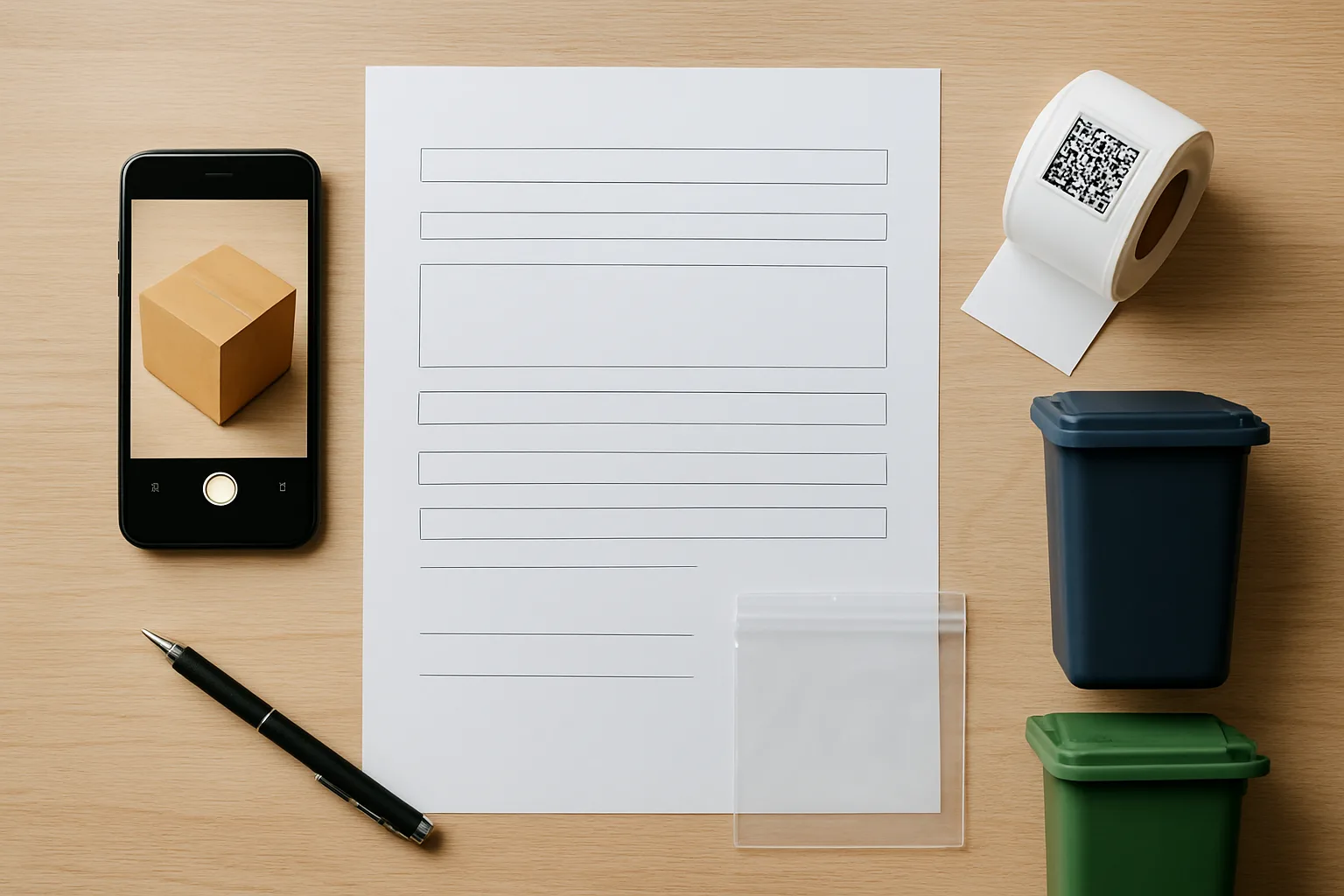 Top-down view of organized exception logging tools including phone, QR labels, and a blank form.