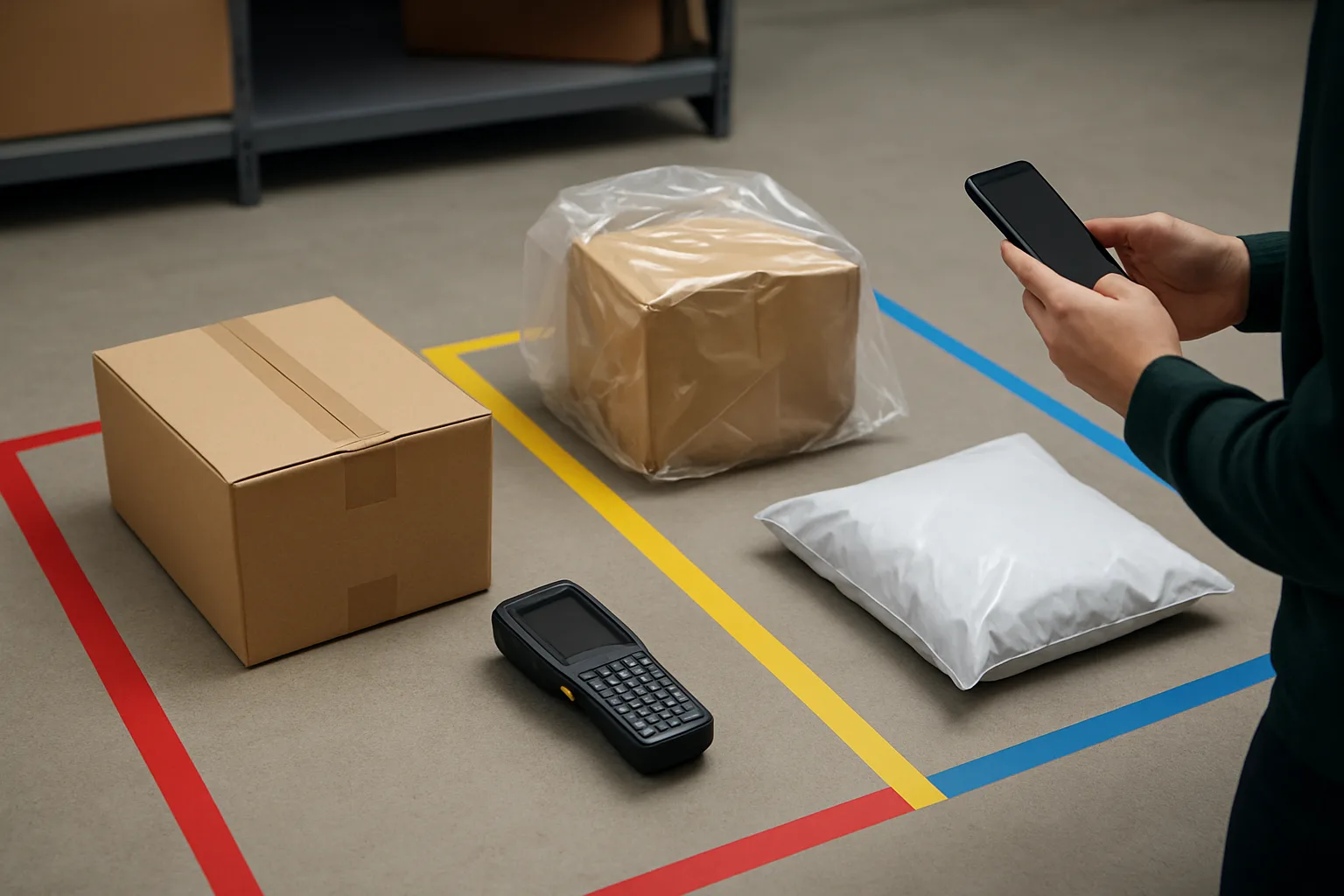 Package room with separated zones for misaddressed, damaged, and return-ready packages.