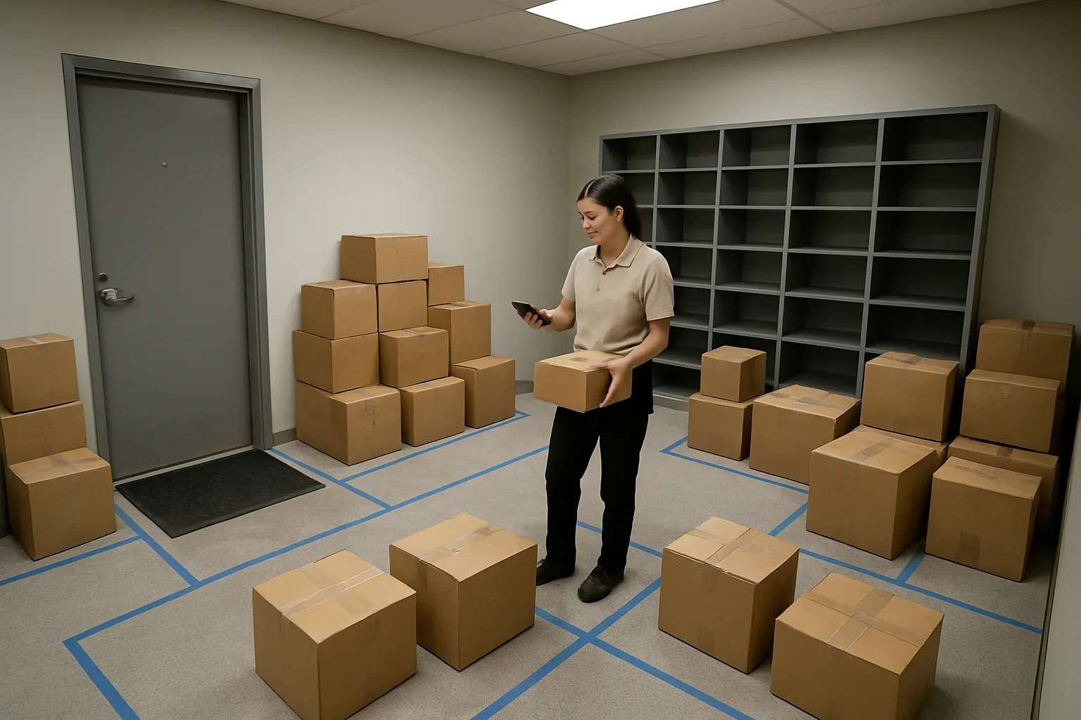 Apartment package room set up with taped pop-up staging zones during a holiday delivery surge.