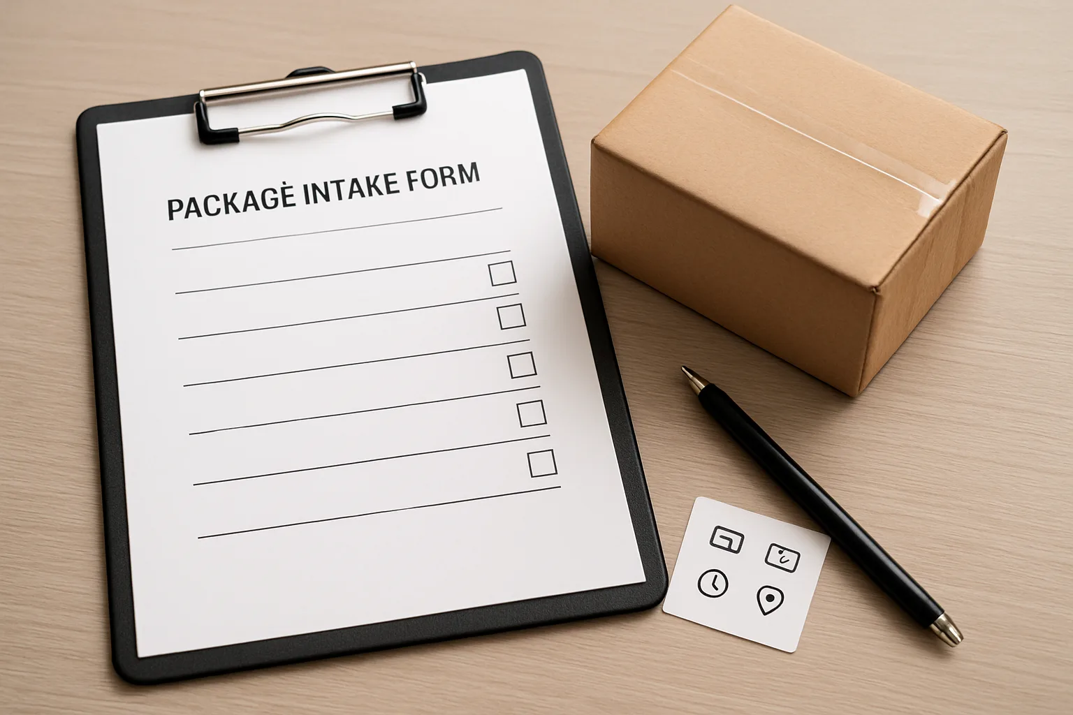 Clipboard with a simple blank intake form beside a small package and pen.