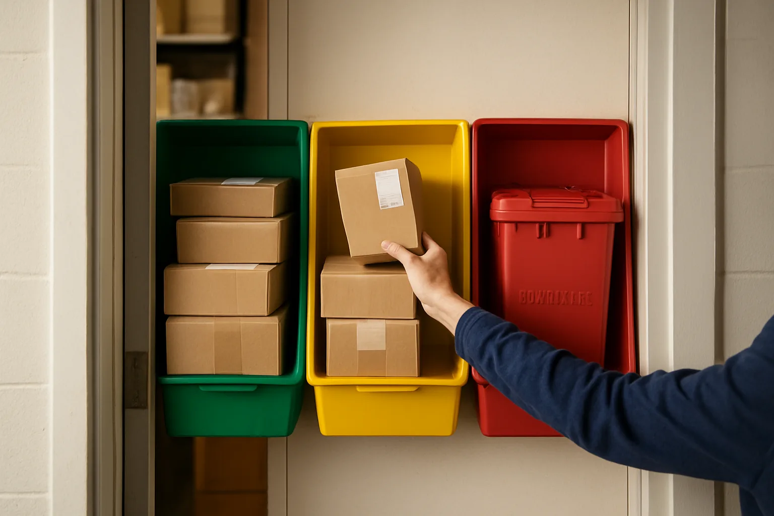 Three color-coded package holding areas representing accept, quarantine, and refuse workflows.