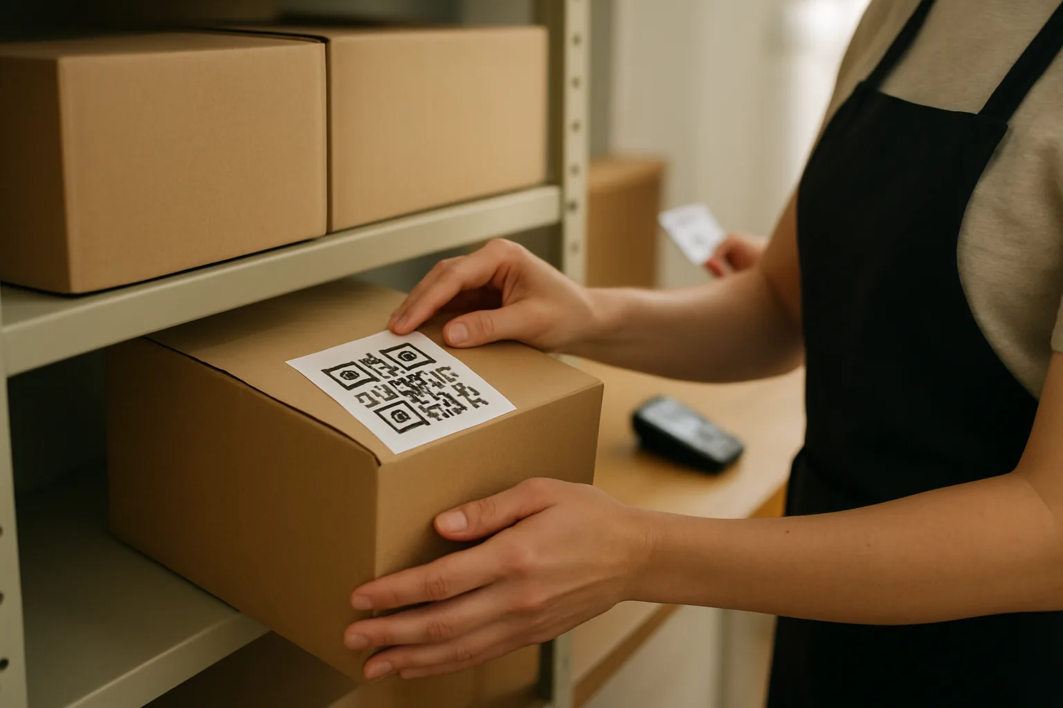 Staff applying a temporary QR-style sticker to a package and preparing for resident pickup verification.
