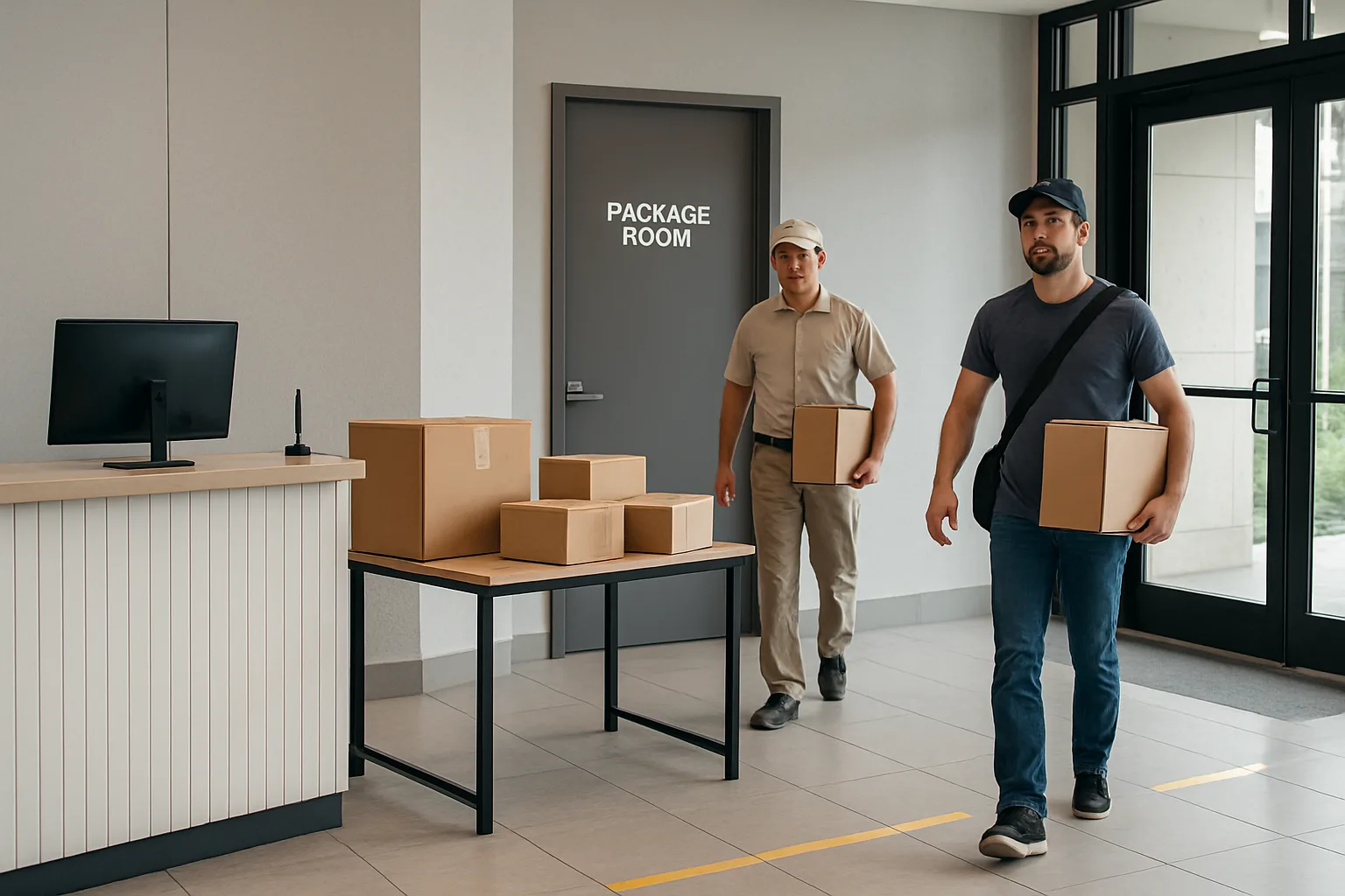 Apartment lobby package area with reception desk, package room door, and parcels staged for delivery intake