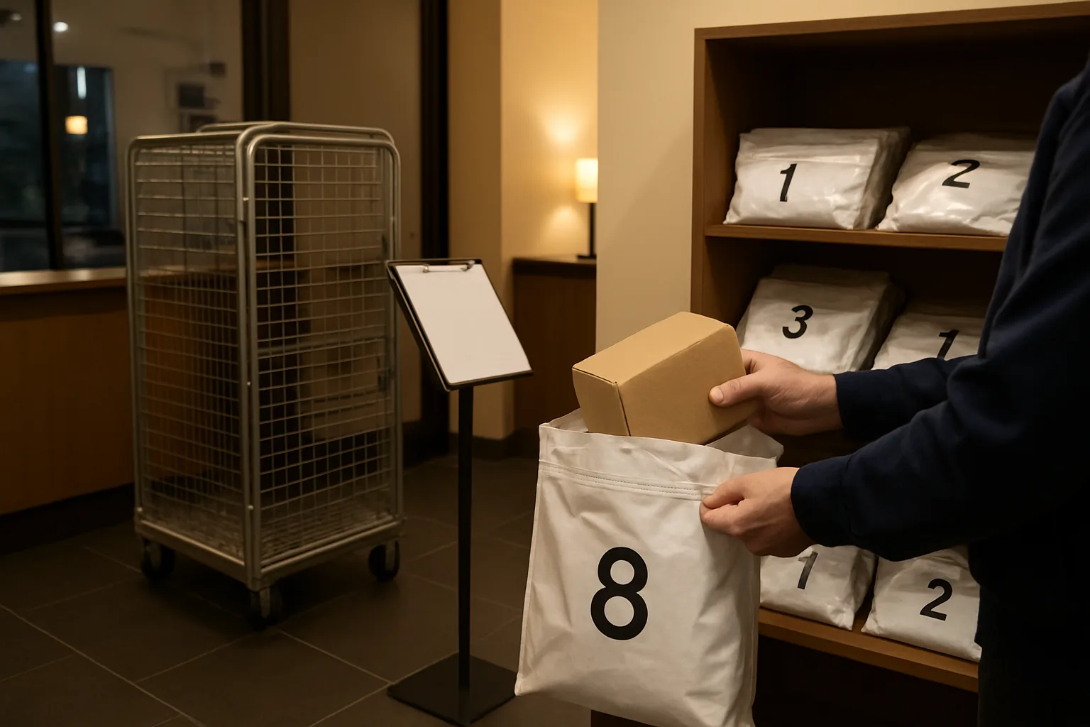 Delivery driver placing a parcel into a tamper-evident security bag next to a locked package cabinet and a clipboard log in a building lobby.