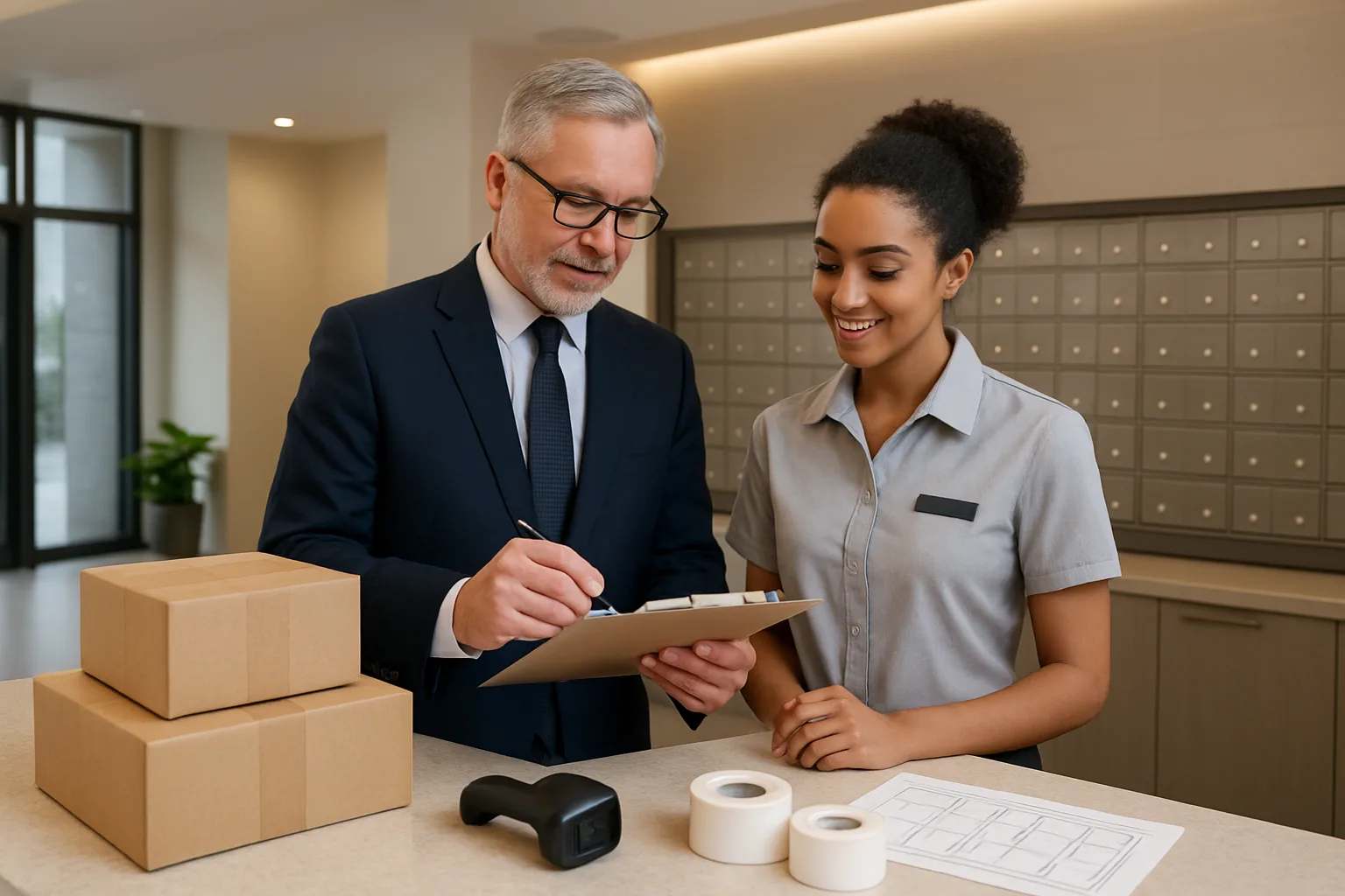 Supervisor training a new front desk staff member with a checklist at a package room counter.