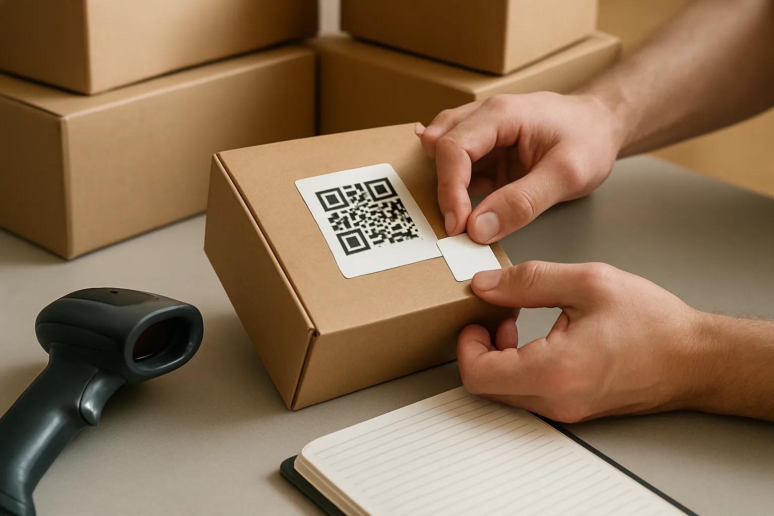 Hands labeling and scanning a package during intake at a front desk mailroom.