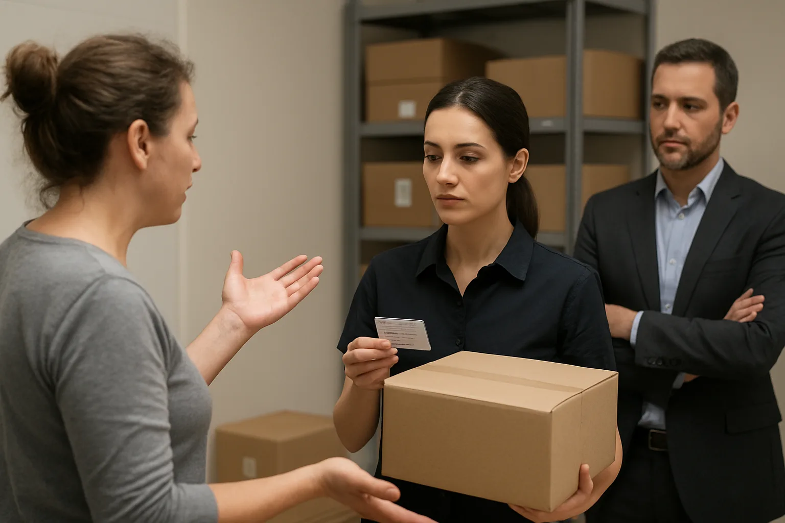 Front desk staff verifying resident identity while a resident waits in a package room.