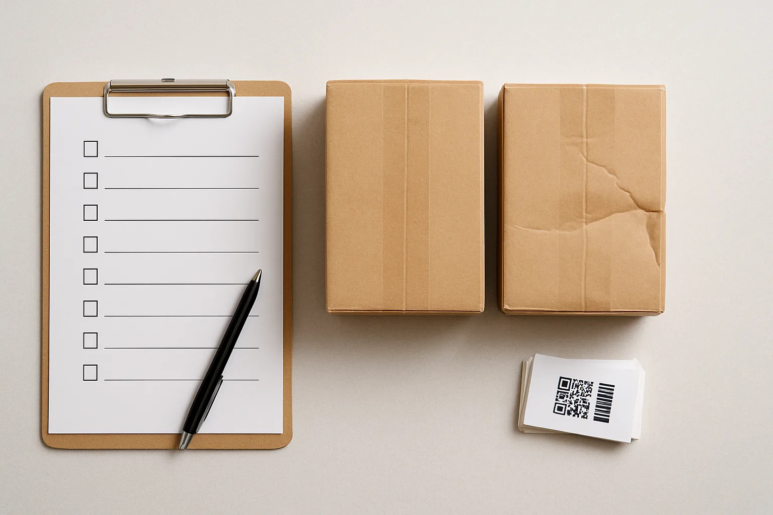 Package room training competency check setup with packages, labels, and a checklist clipboard.