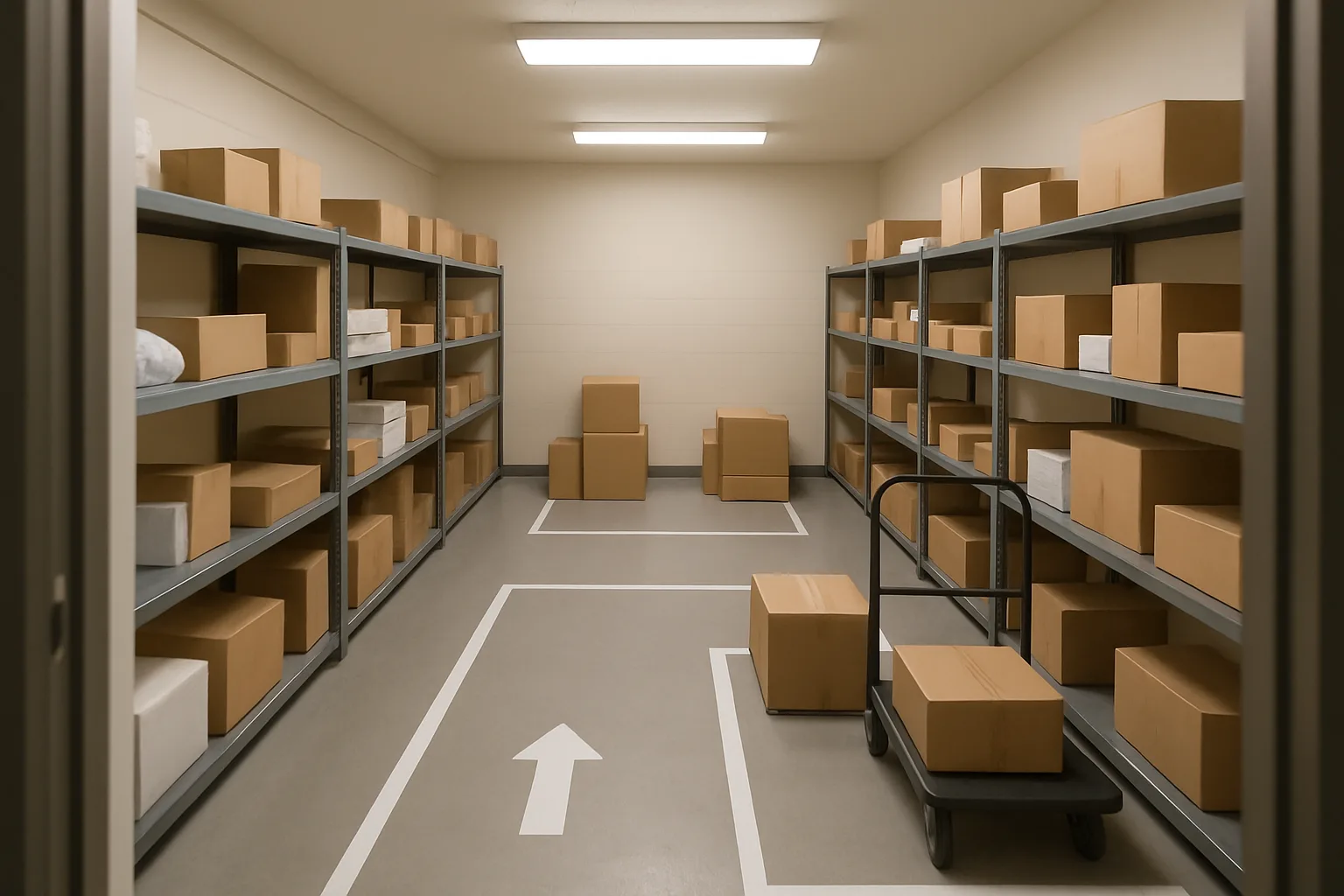 Organized package room with taped floor lanes, defined staging zones, shelving, and a parked cart.