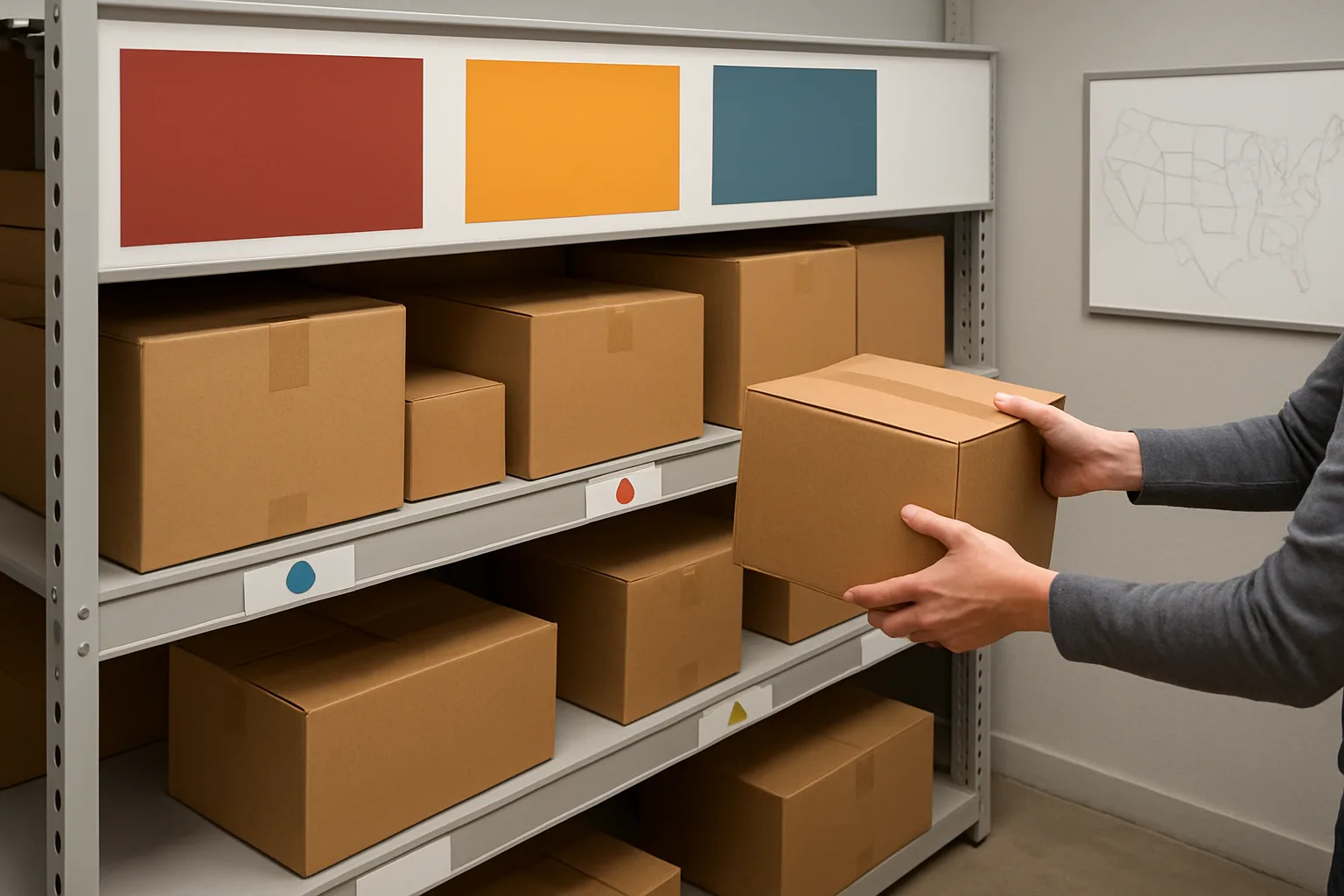 Shelving with color-block zone markers and shelf-edge cues; staff hands placing a package at waist height.