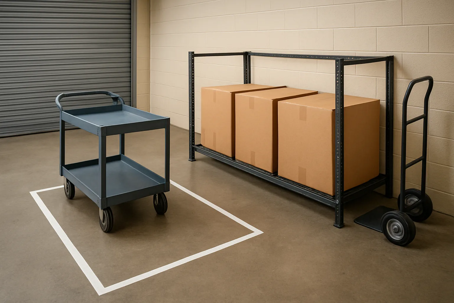 Utility cart parked in a marked floor box next to an oversize package corral with boxes placed without stacking.