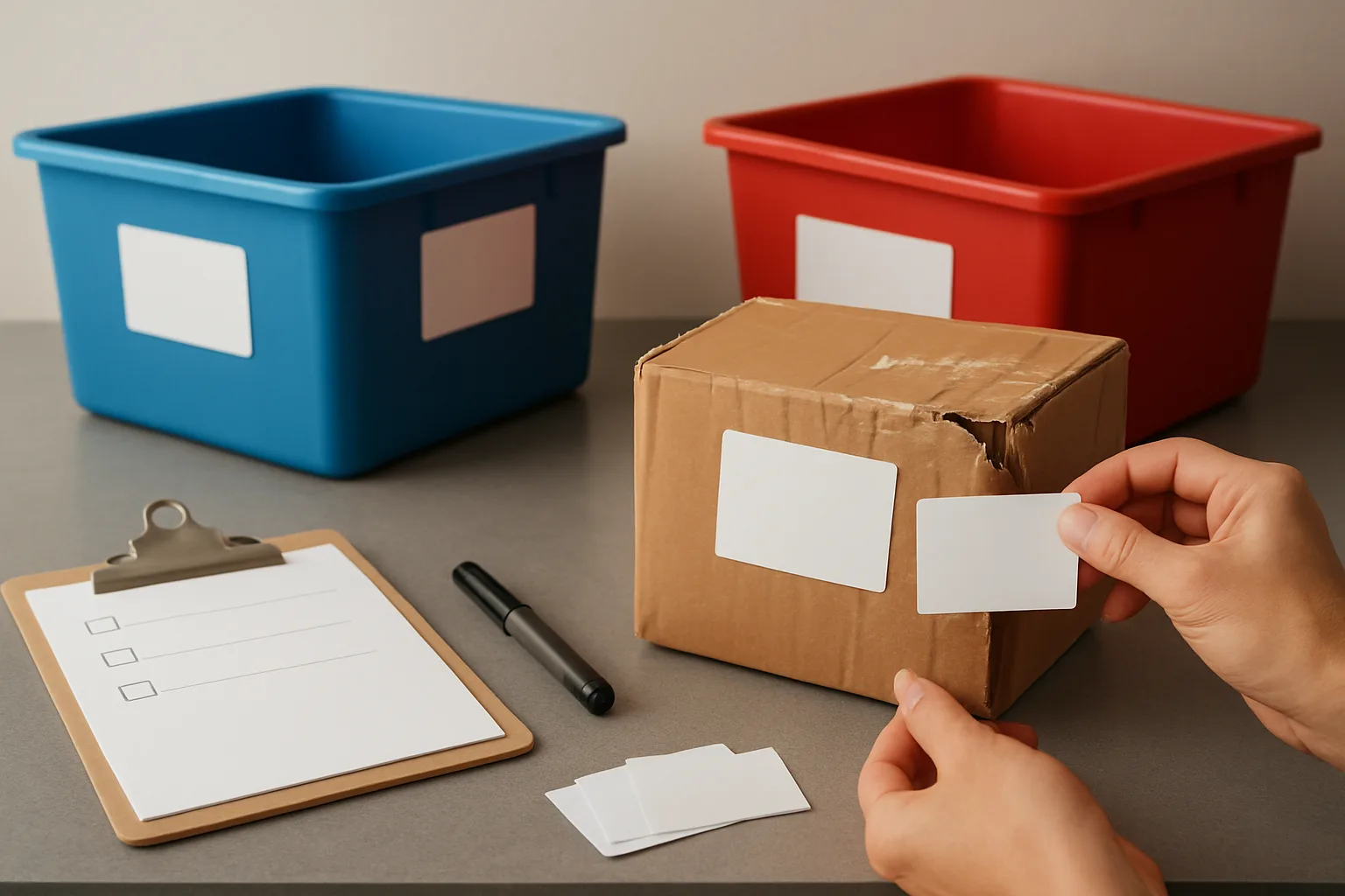 Return and exception bins with blank tags, labels, and a staff member tagging a damaged package.
