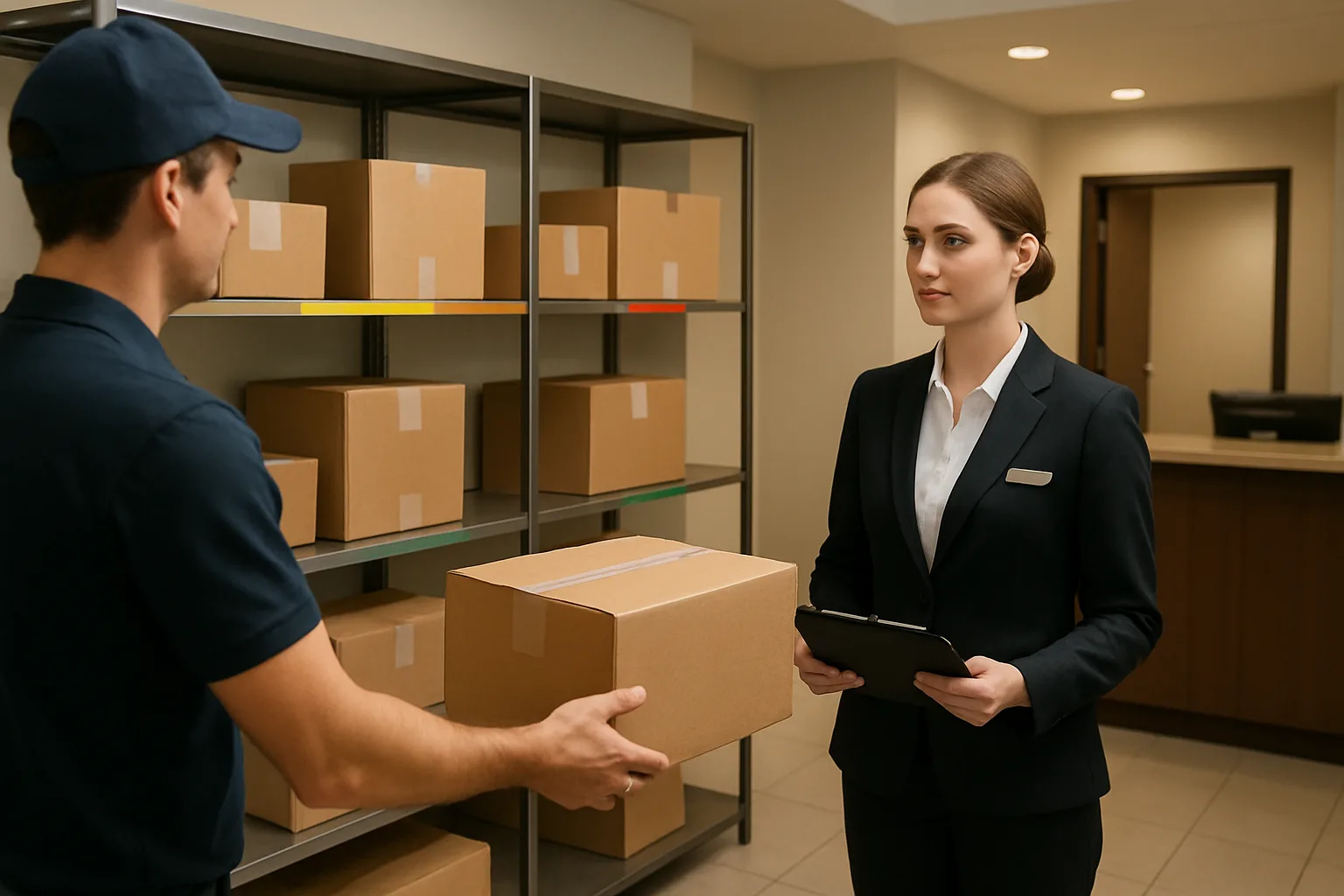 Front desk and package room with staff calmly logging a delivery handoff.