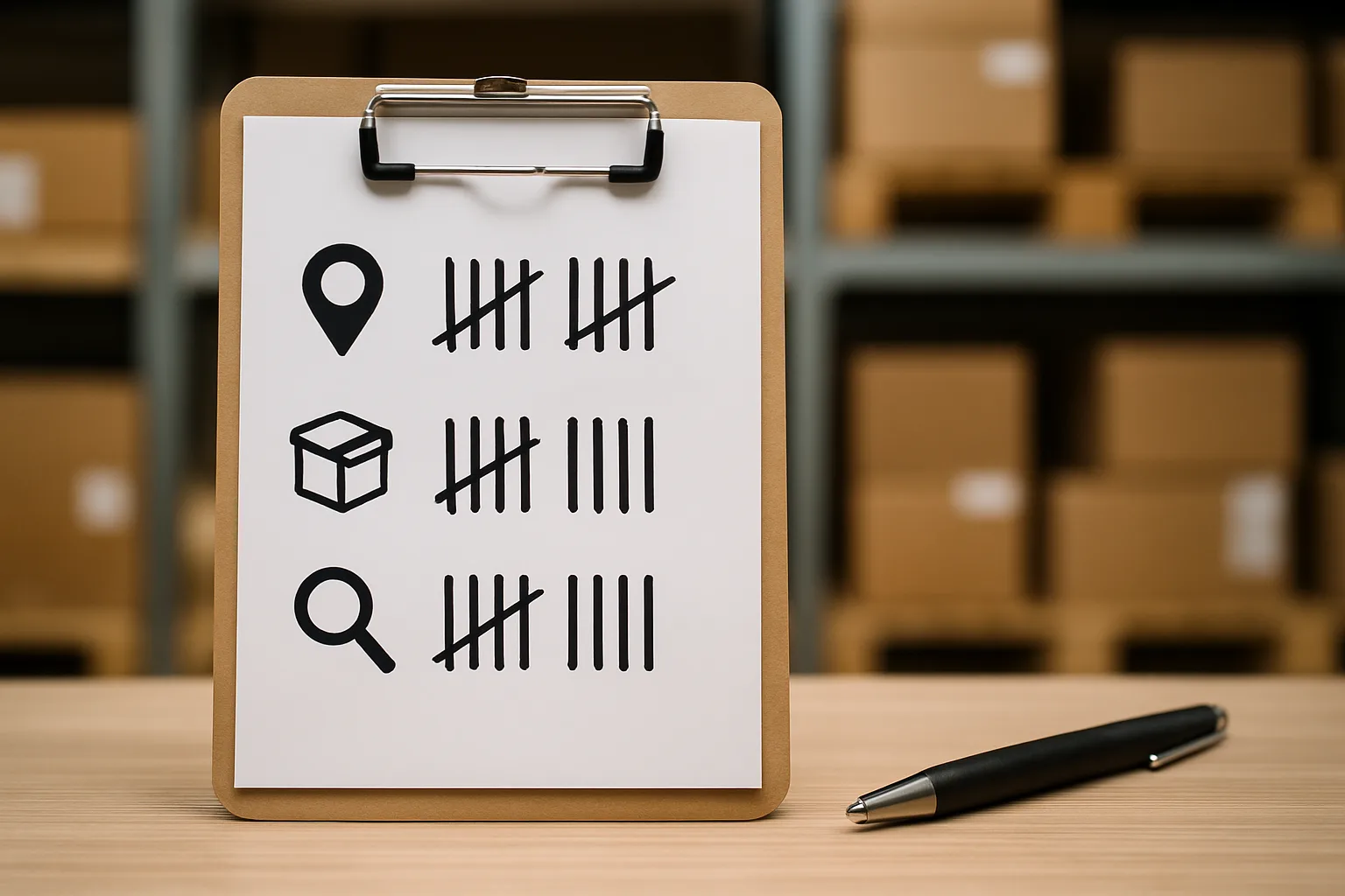 Clipboard with a simple three-row checklist and tally marks for package room incidents.