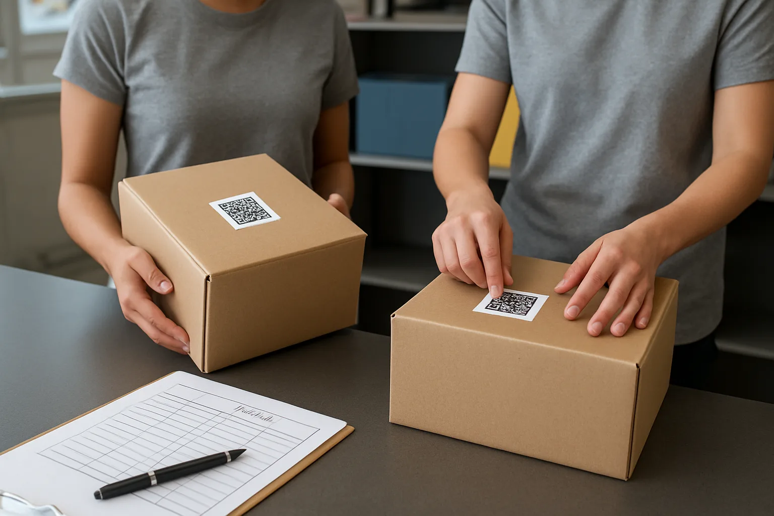 Concierge applying a QR-style label and shelving packages by color-coded zones.